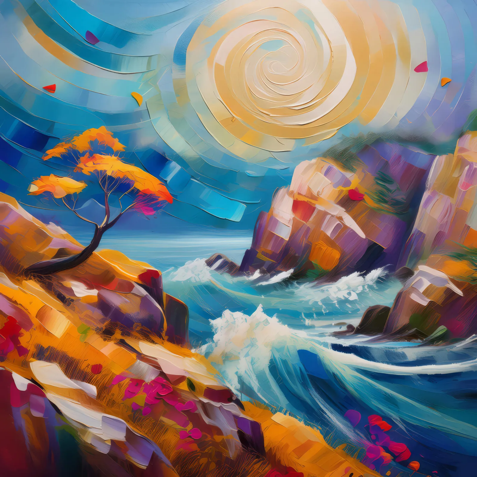 Whimsical Windswept Crag, a palette-knife oil landscape by Emma Mickelberg