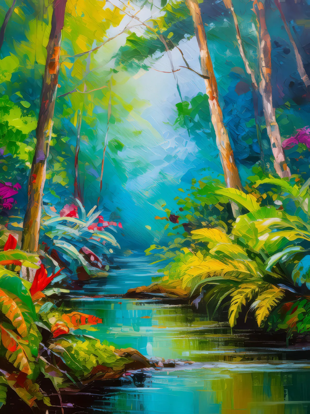 Whispering Jungle Stream, a palette-knife oil landscape by Emma Mickelberg