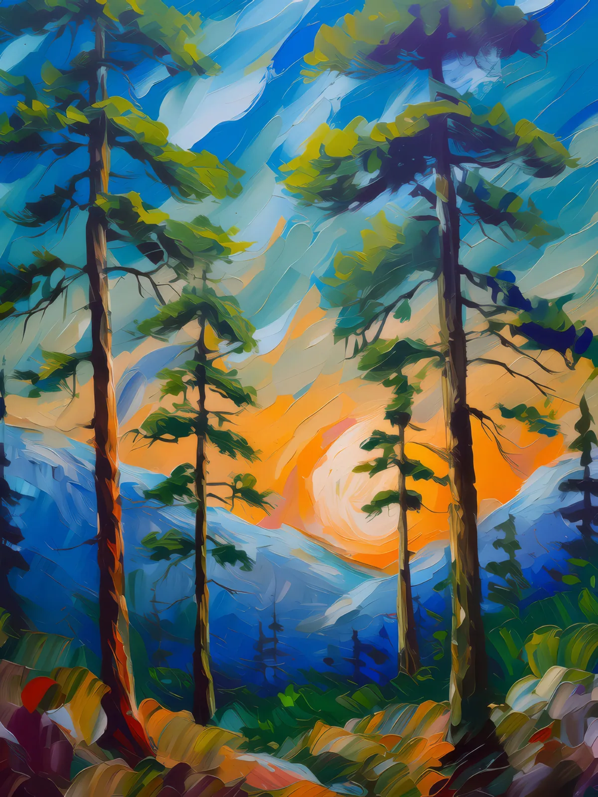 Whispering Pines at Dusk, a palette-knife oil landscape by Emma Mickelberg
