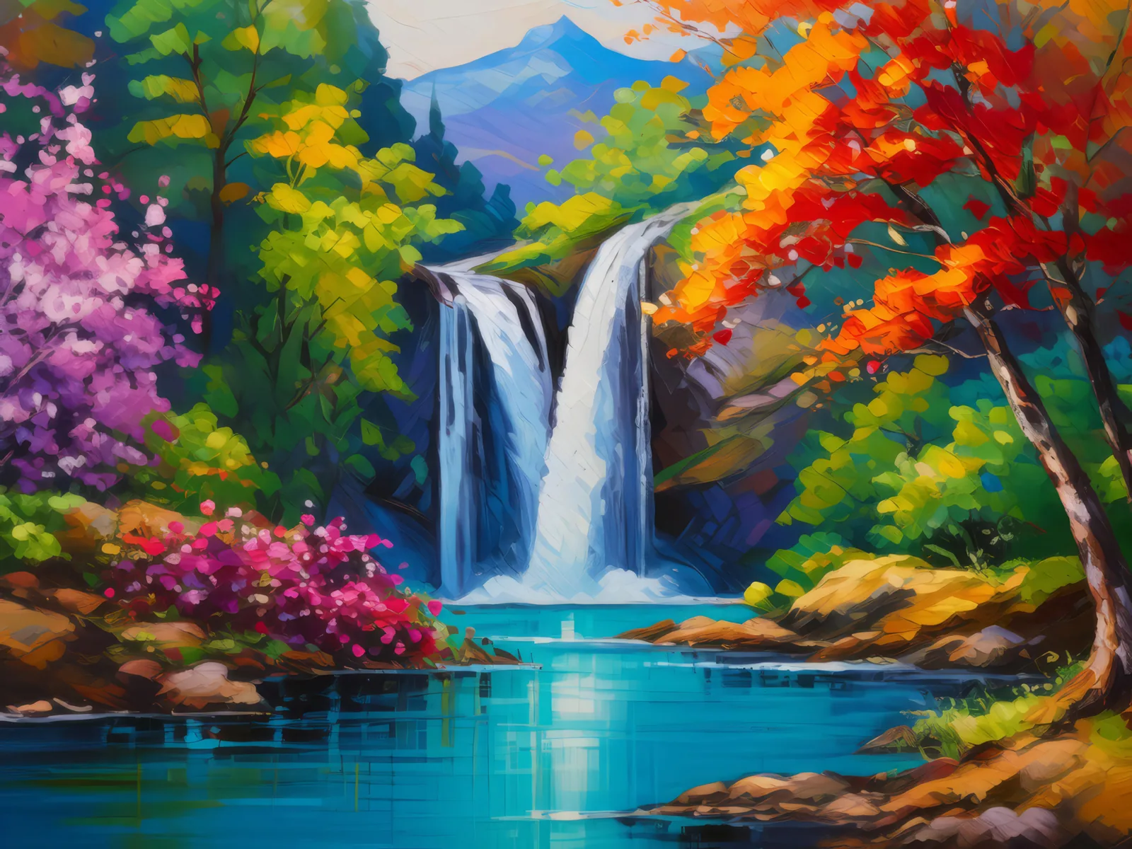 Whispering Waterfall Haven, a palette-knife oil landscape by Emma Mickelberg