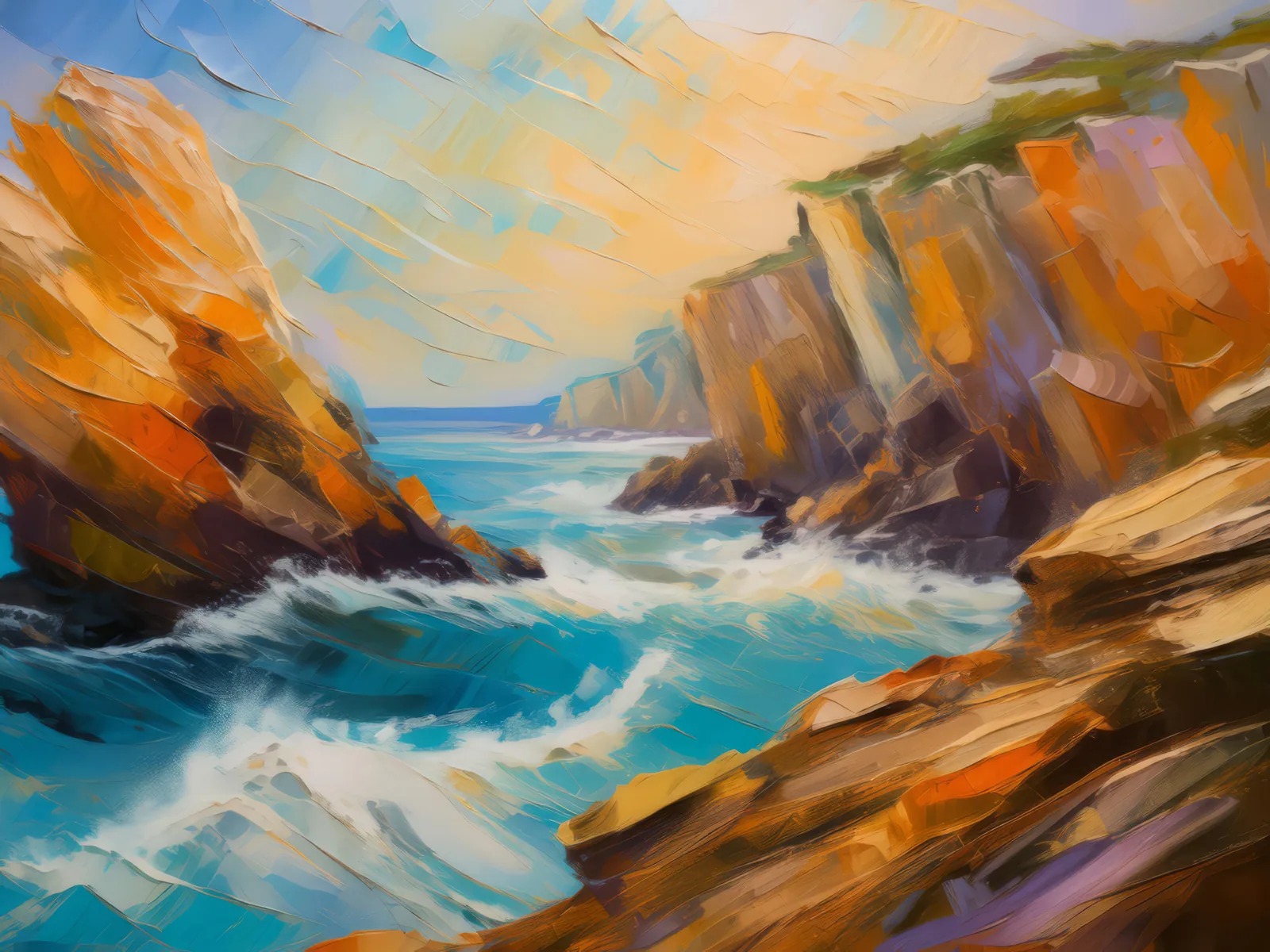 Whispering Winds through Weathered Crags, a palette-knife oil landscape by Emma Mickelberg