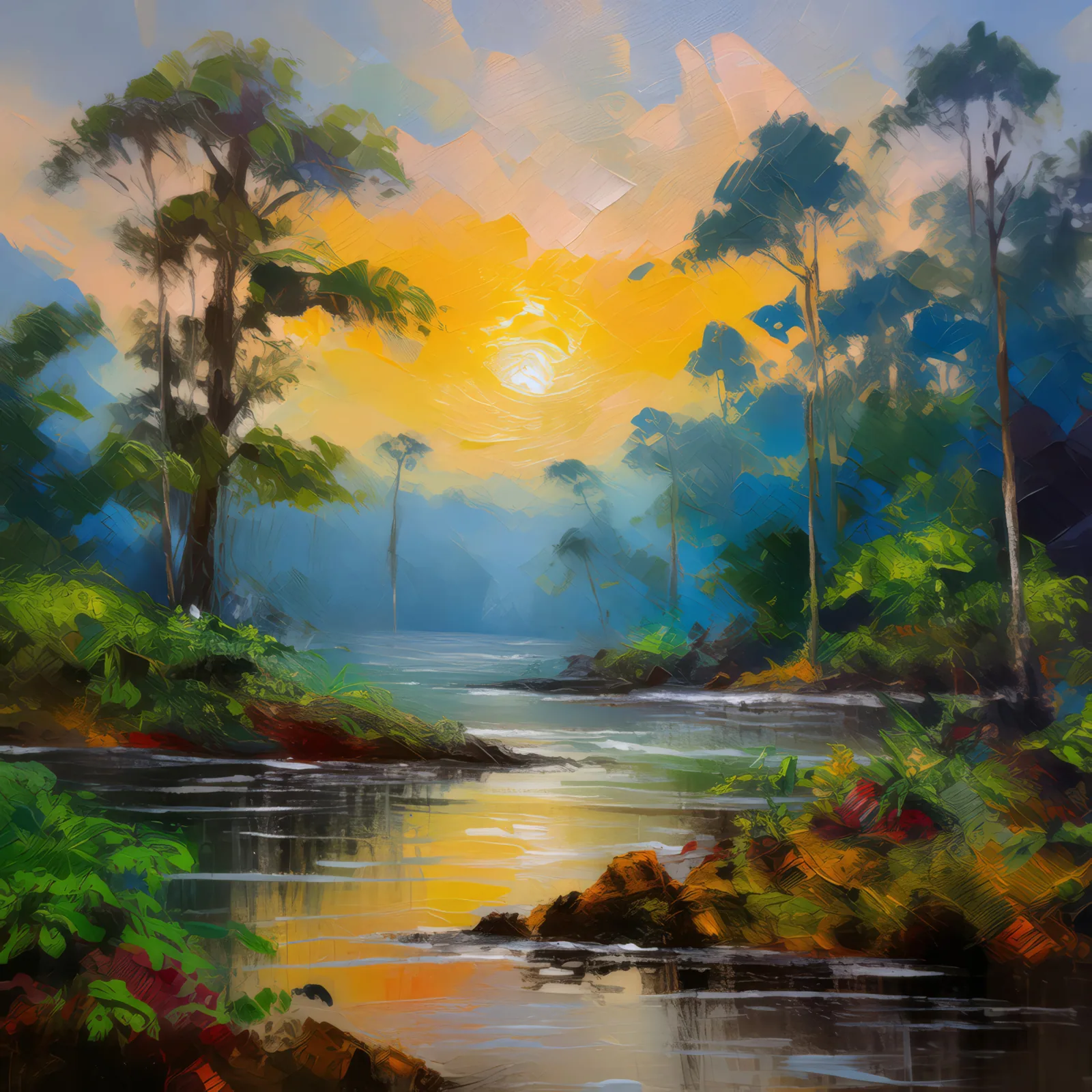 Whispers of Dawn in Boreal Jungle, a palette-knife oil landscape by Emma Mickelberg
