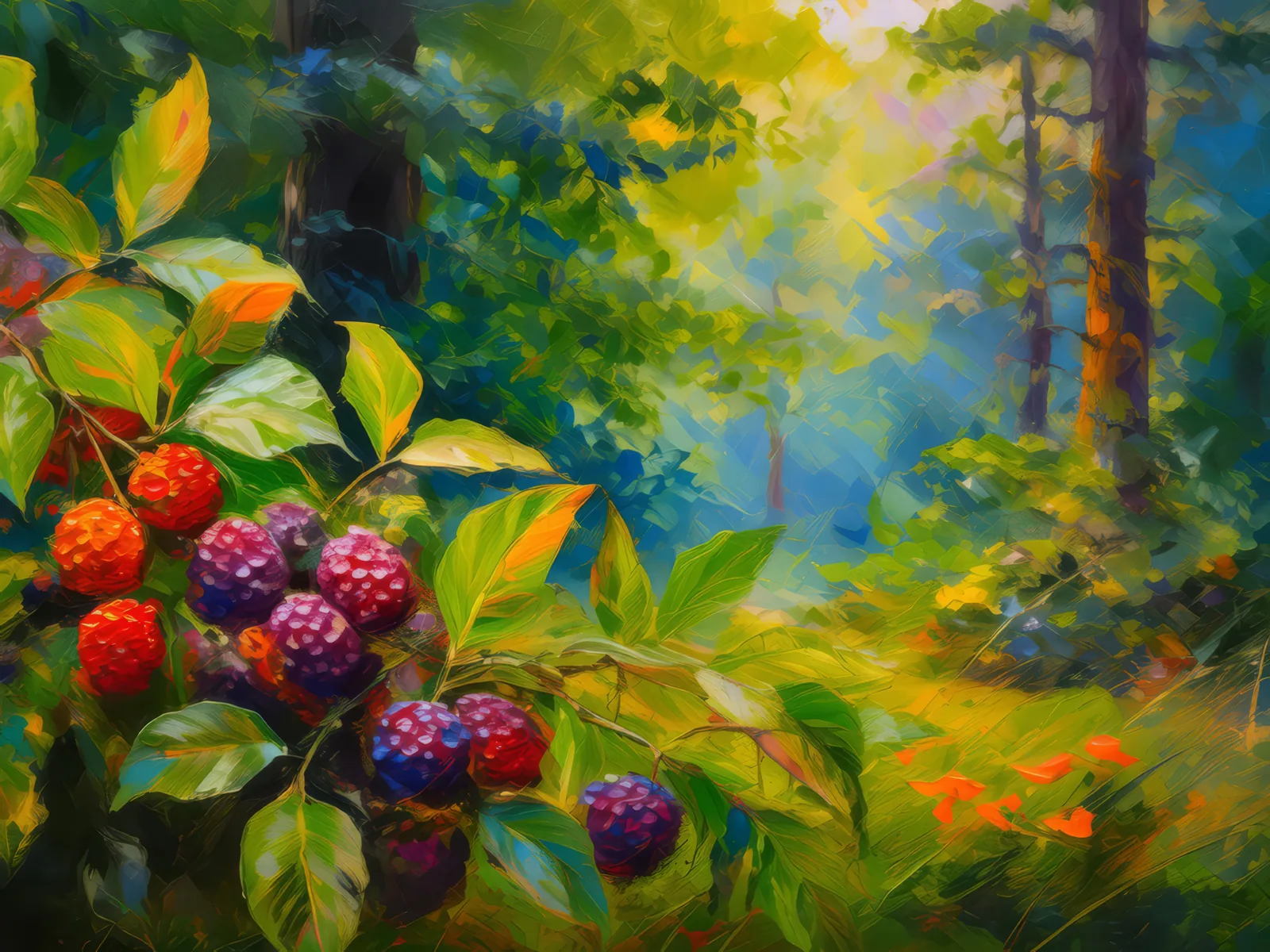 Wild Berry Harvest Time, a palette-knife oil landscape by Emma Mickelberg
