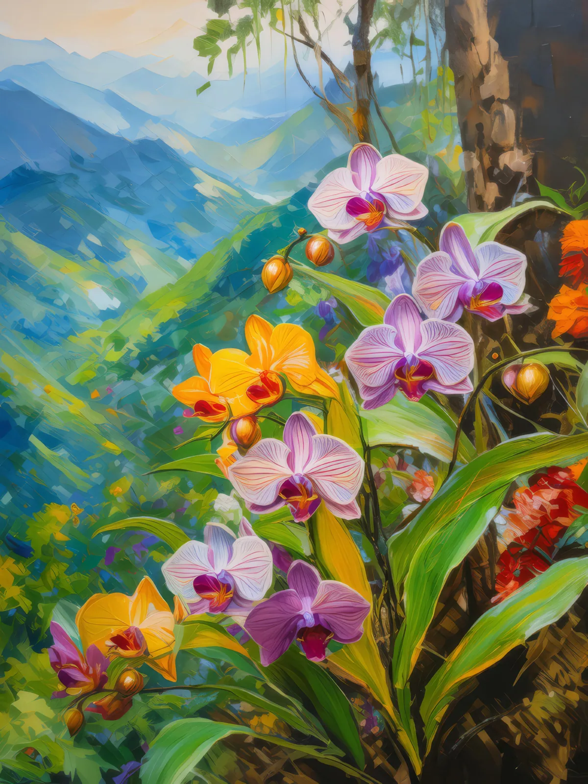 Wild Orchids Mountain Slopes, a palette-knife oil landscape by Emma Mickelberg