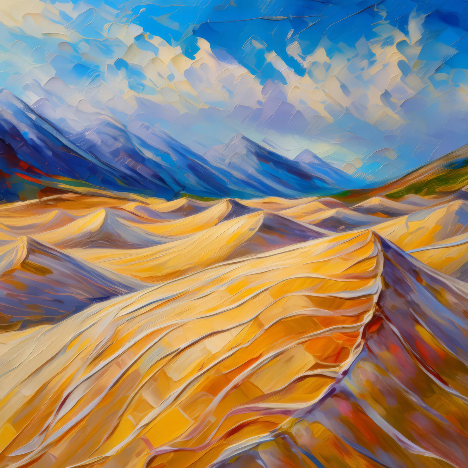 Wild Winds Over Alpine Desert, a palette-knife oil landscape by Emma Mickelberg