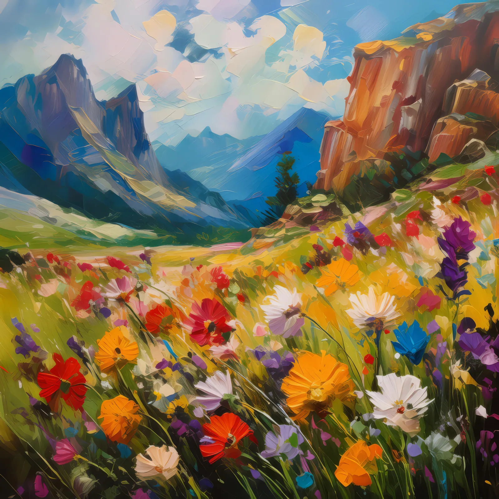 Wildflower Crag Meadow, a palette-knife oil landscape by Emma Mickelberg