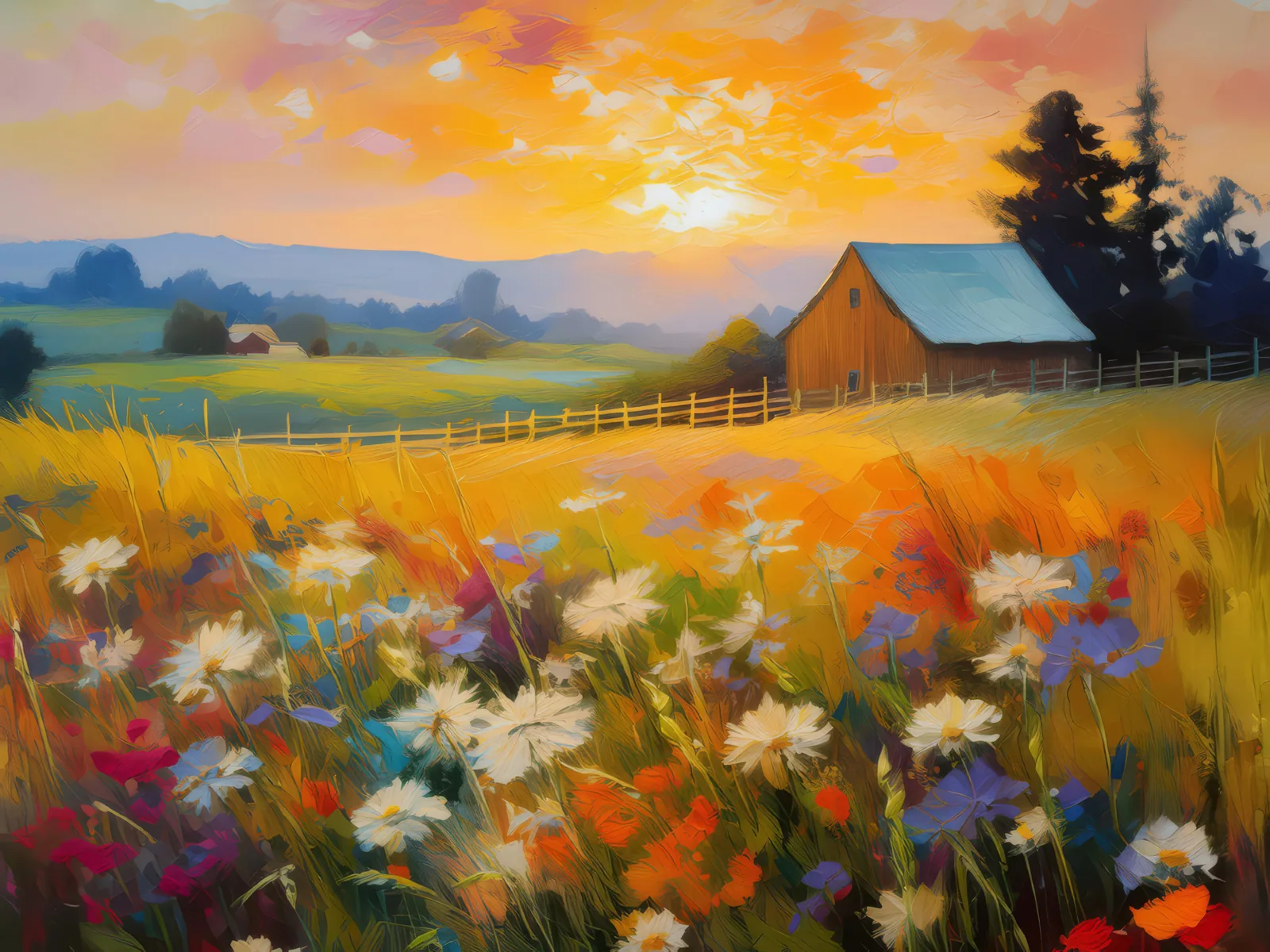 Wildflower Meadow at Sunset, a palette-knife oil landscape by Emma Mickelberg