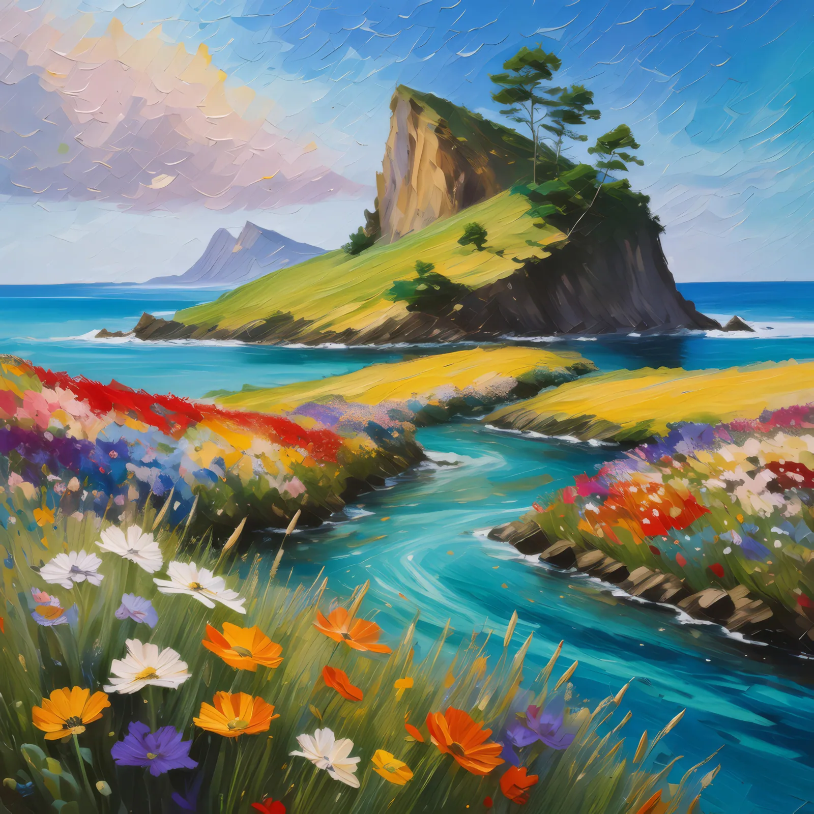 Wildflower Meadow Island, a palette-knife oil landscape by Emma Mickelberg