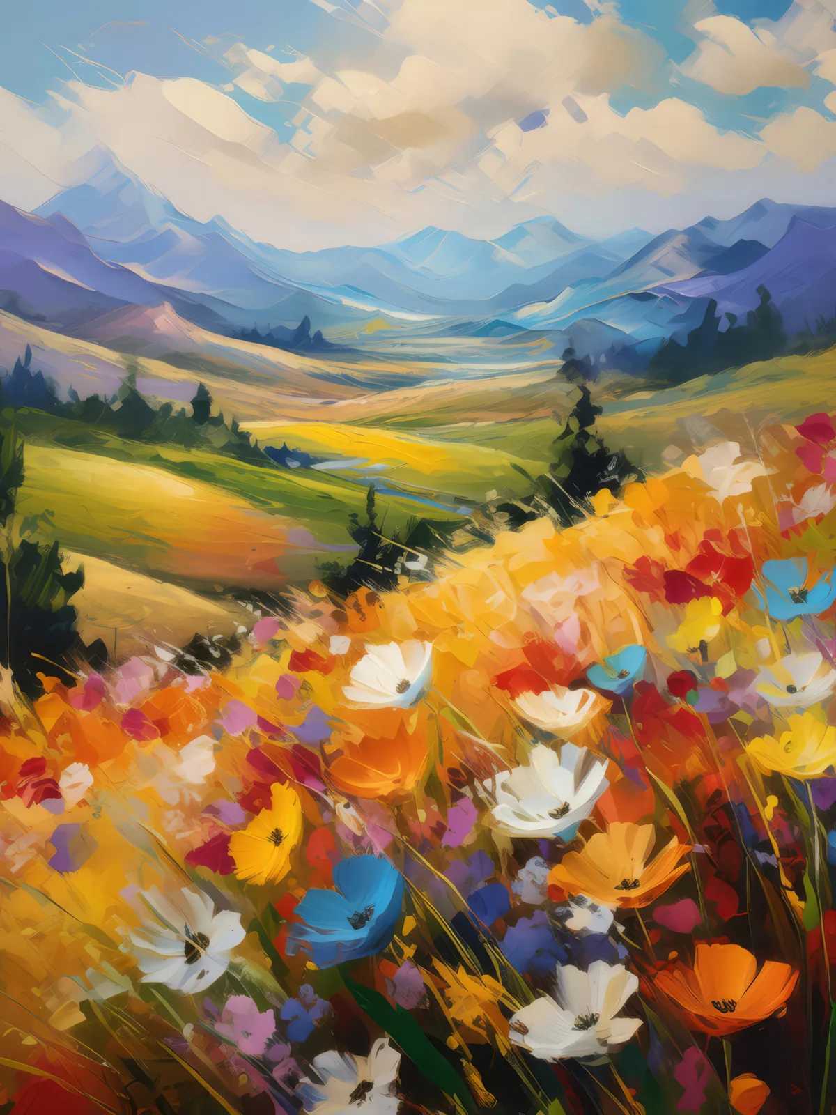 Wildflower Plateau Meadow, a palette-knife oil landscape by Emma Mickelberg