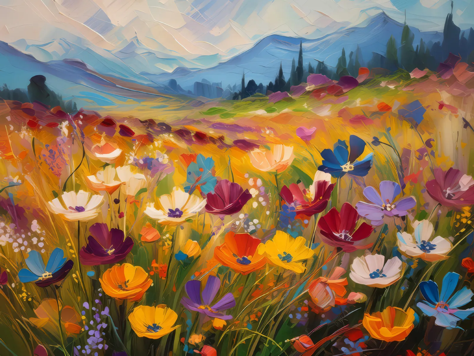 Wildflower Tapestry in Grassland, a palette-knife oil landscape by Emma Mickelberg