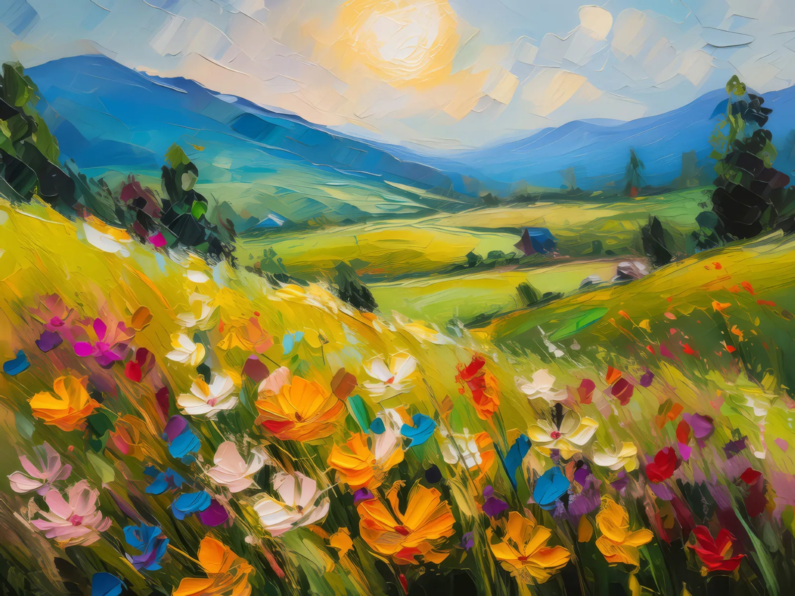 Wildflowers Across Grassland, a palette-knife oil landscape by Emma Mickelberg