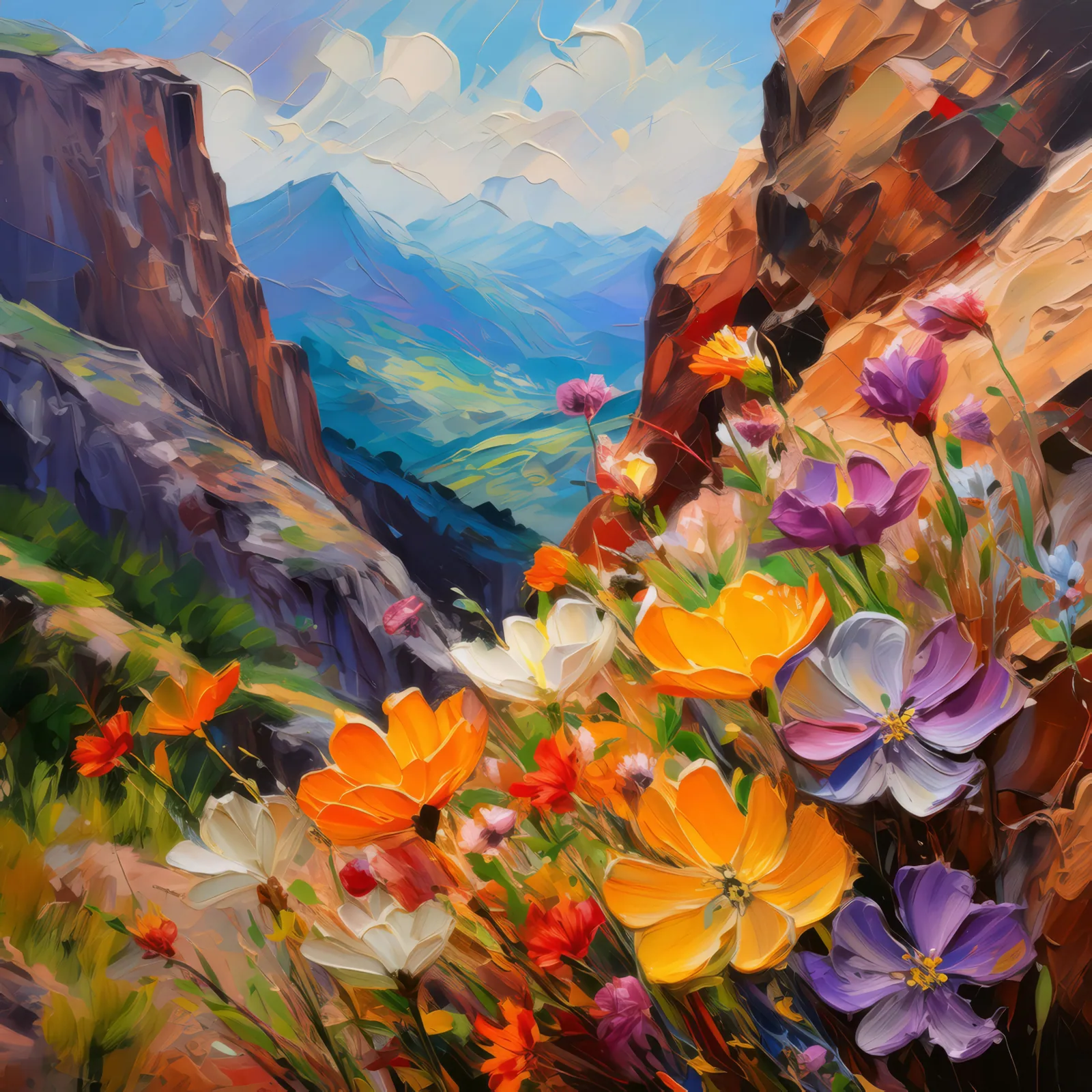 Wildflowers Adorn Crag, a palette-knife oil landscape by Emma Mickelberg