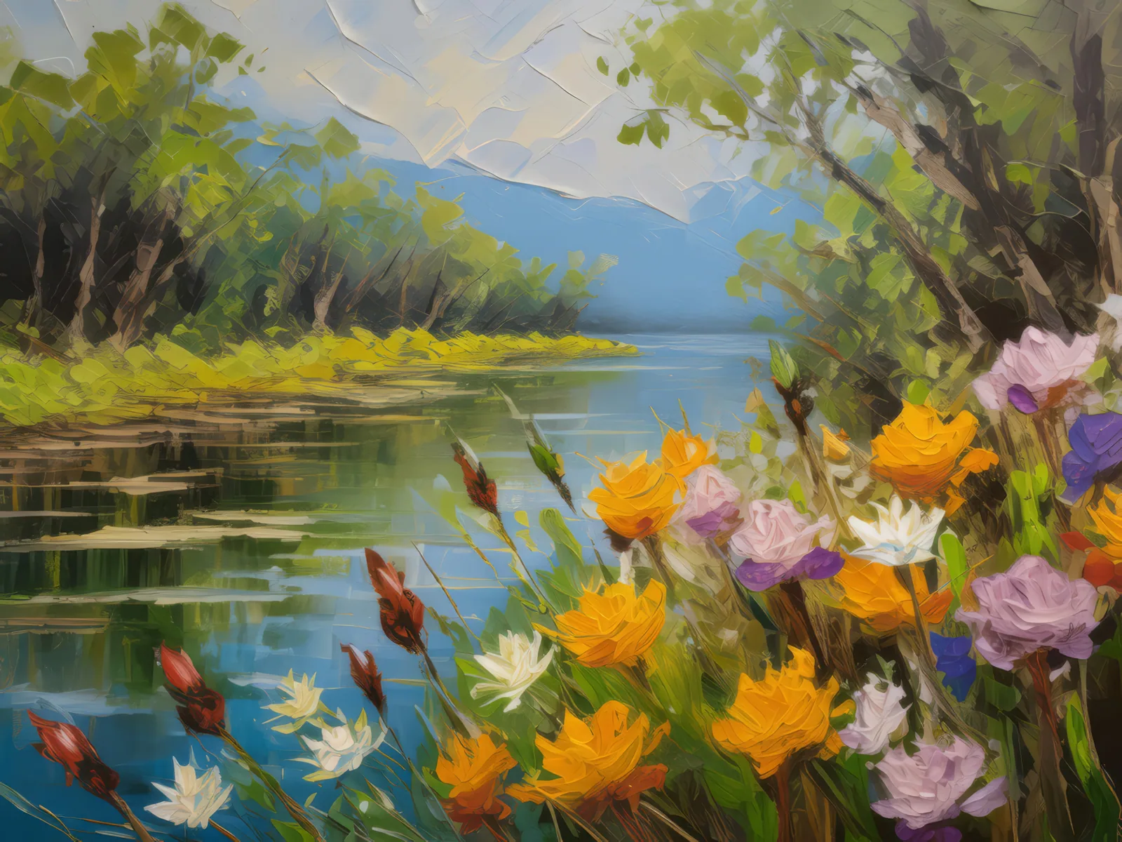 Wildflowers Along Delta Banks, a palette-knife oil landscape by Emma Mickelberg