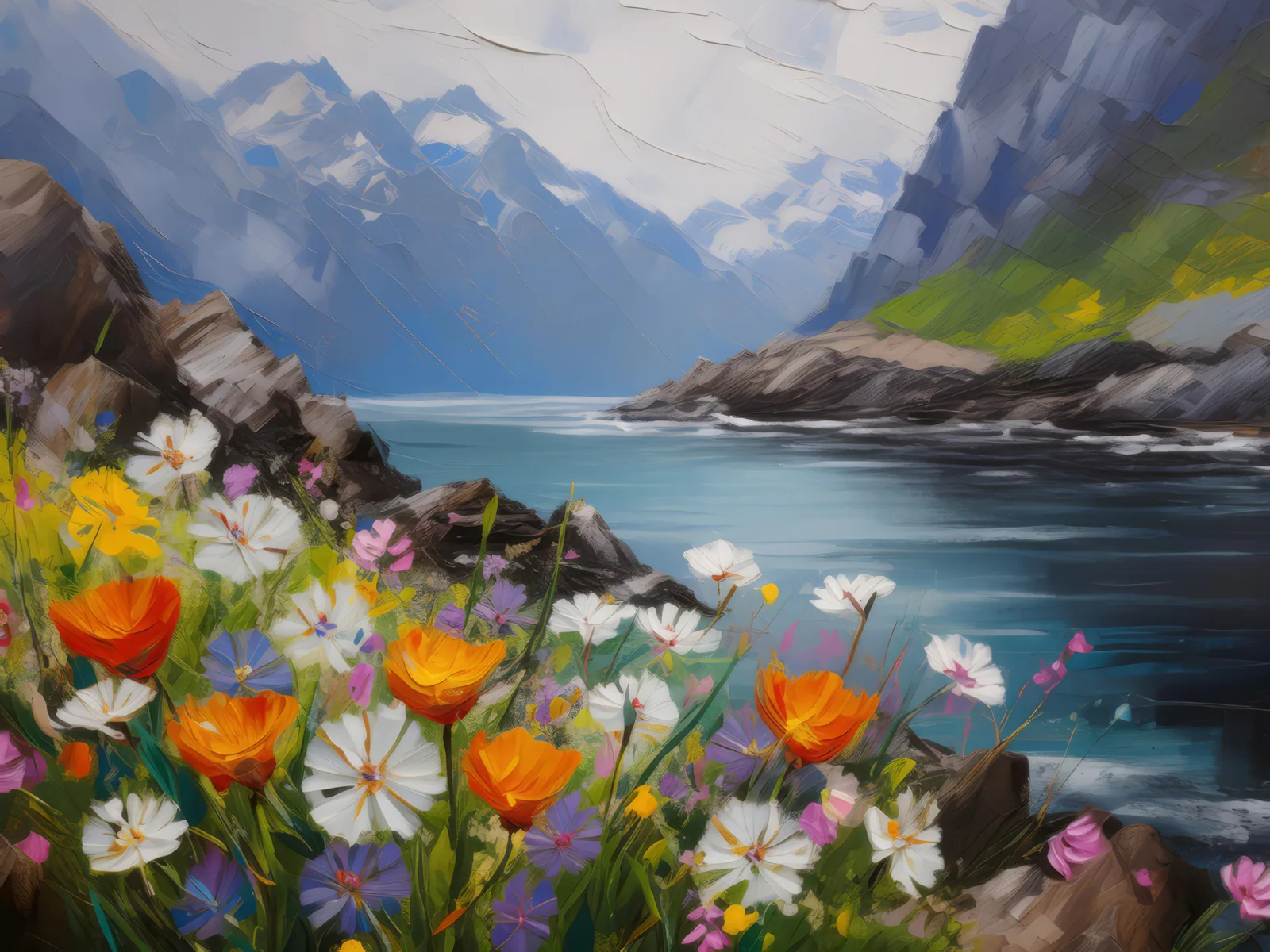 Wildflowers Along the Fjord, a palette-knife oil landscape by Emma Mickelberg