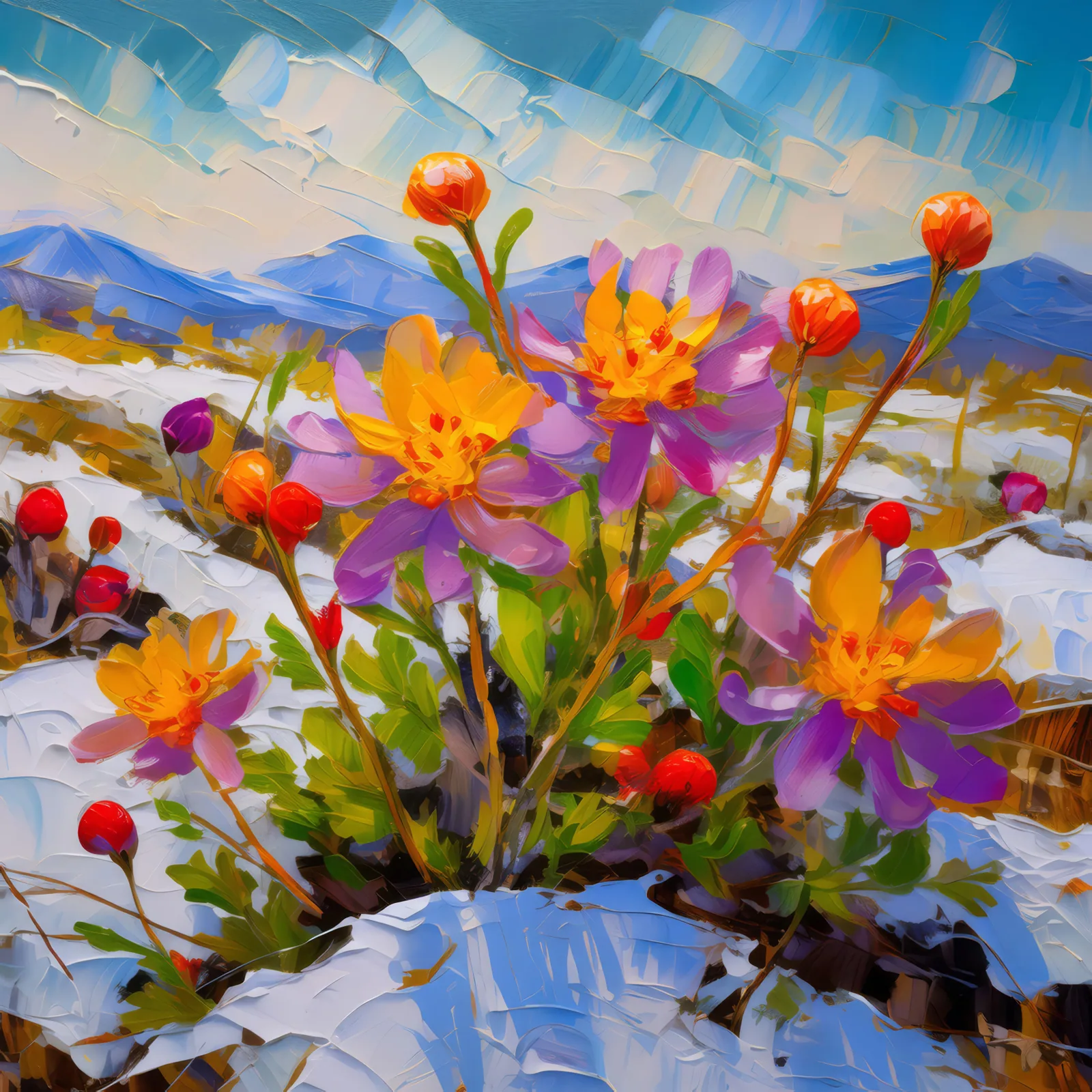 Wildflowers Amid Snow, a palette-knife oil landscape by Emma Mickelberg