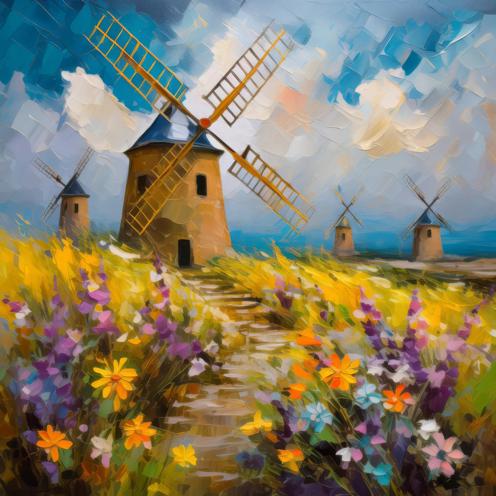Wildflowers and Windmills, a palette-knife oil landscape by Emma Mickelberg