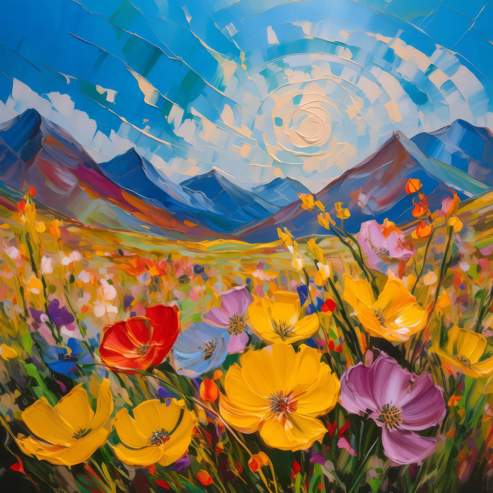 Wildflowers in Alpine Desert, a palette-knife oil landscape by Emma Mickelberg