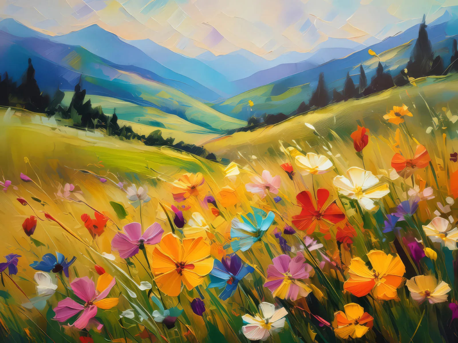 Wildflowers in Meadow, a palette-knife oil landscape by Emma Mickelberg