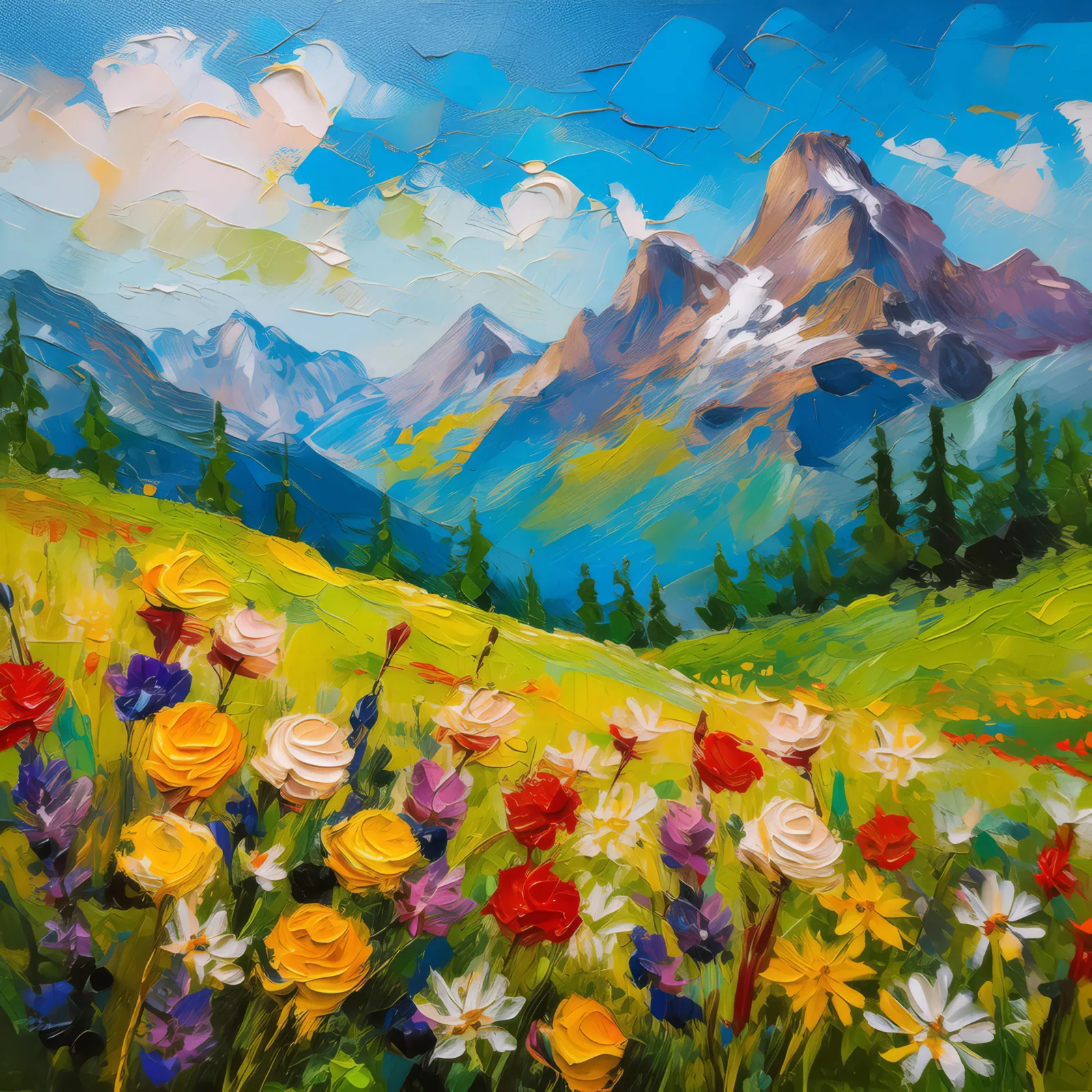 Wildflowers in the Alps, a palette-knife oil landscape by Emma Mickelberg