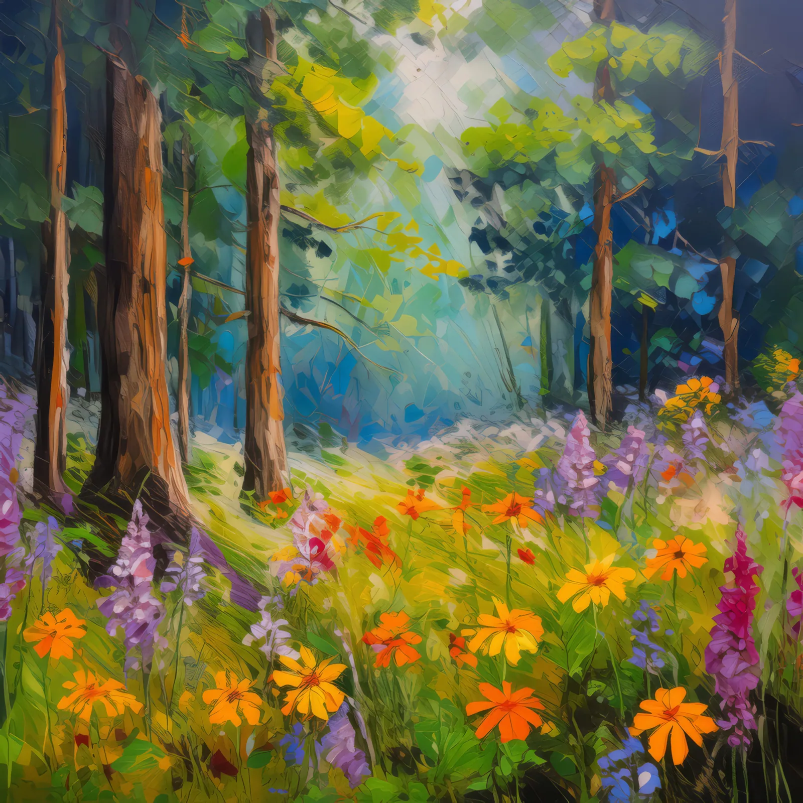 Wildflowers in Woods, a palette-knife oil landscape by Emma Mickelberg