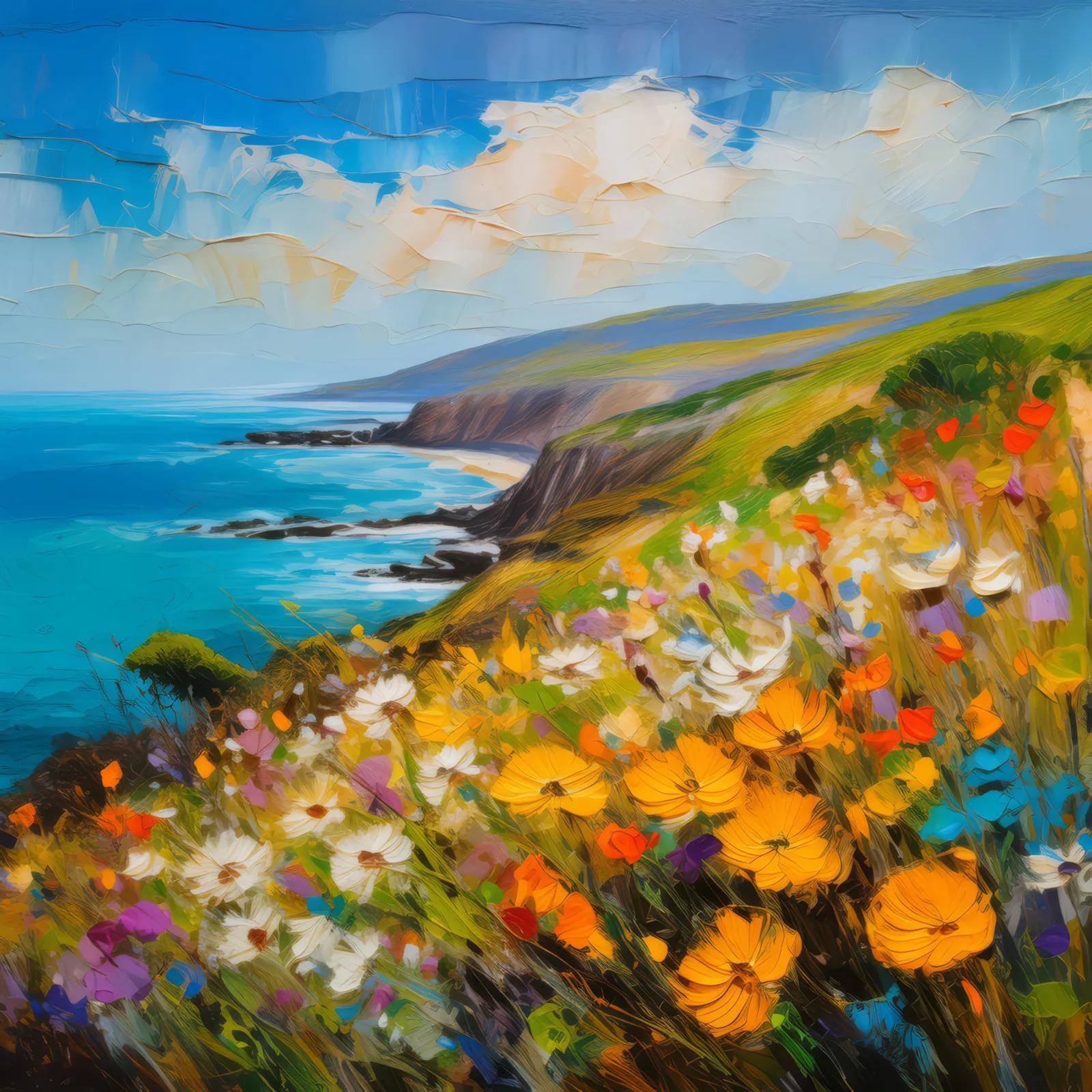 Wildflowers on Coastal Hill, a palette-knife oil landscape by Emma Mickelberg