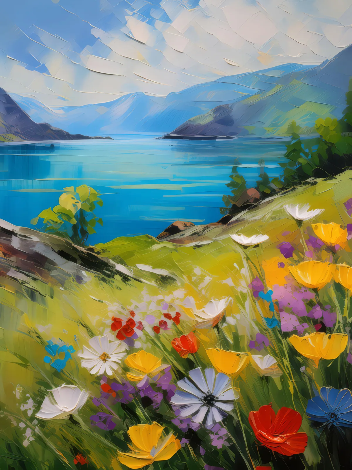 Wildflowers on Fjord Hills, a palette-knife oil landscape by Emma Mickelberg