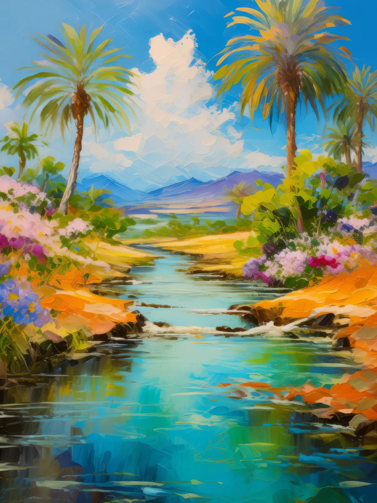 Wildlife Oasis in Ocean Desert, a palette-knife oil landscape by Emma Mickelberg