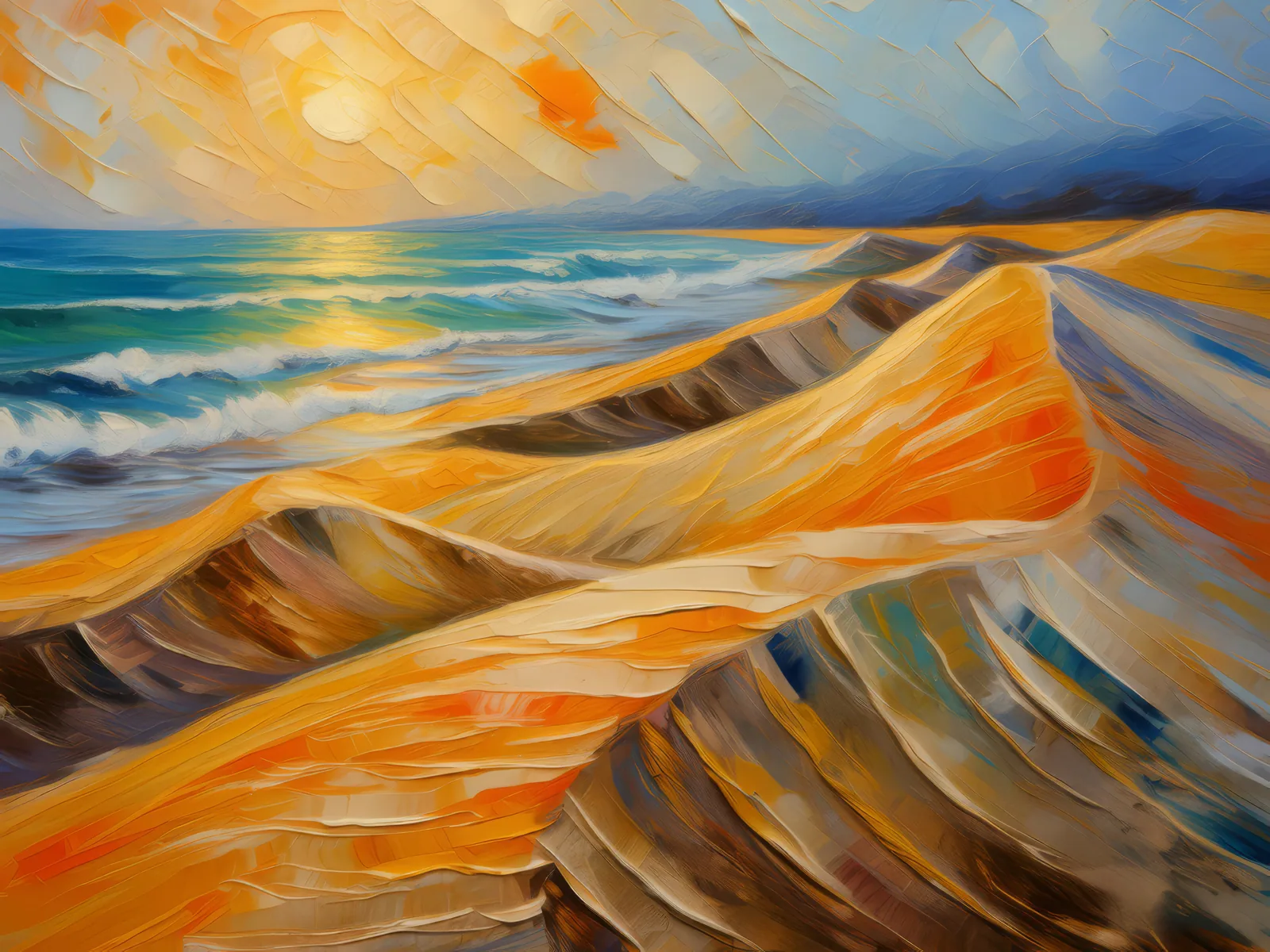 Wind Sculpted Dunes of Ocean Desert, a palette-knife oil landscape by Emma Mickelberg