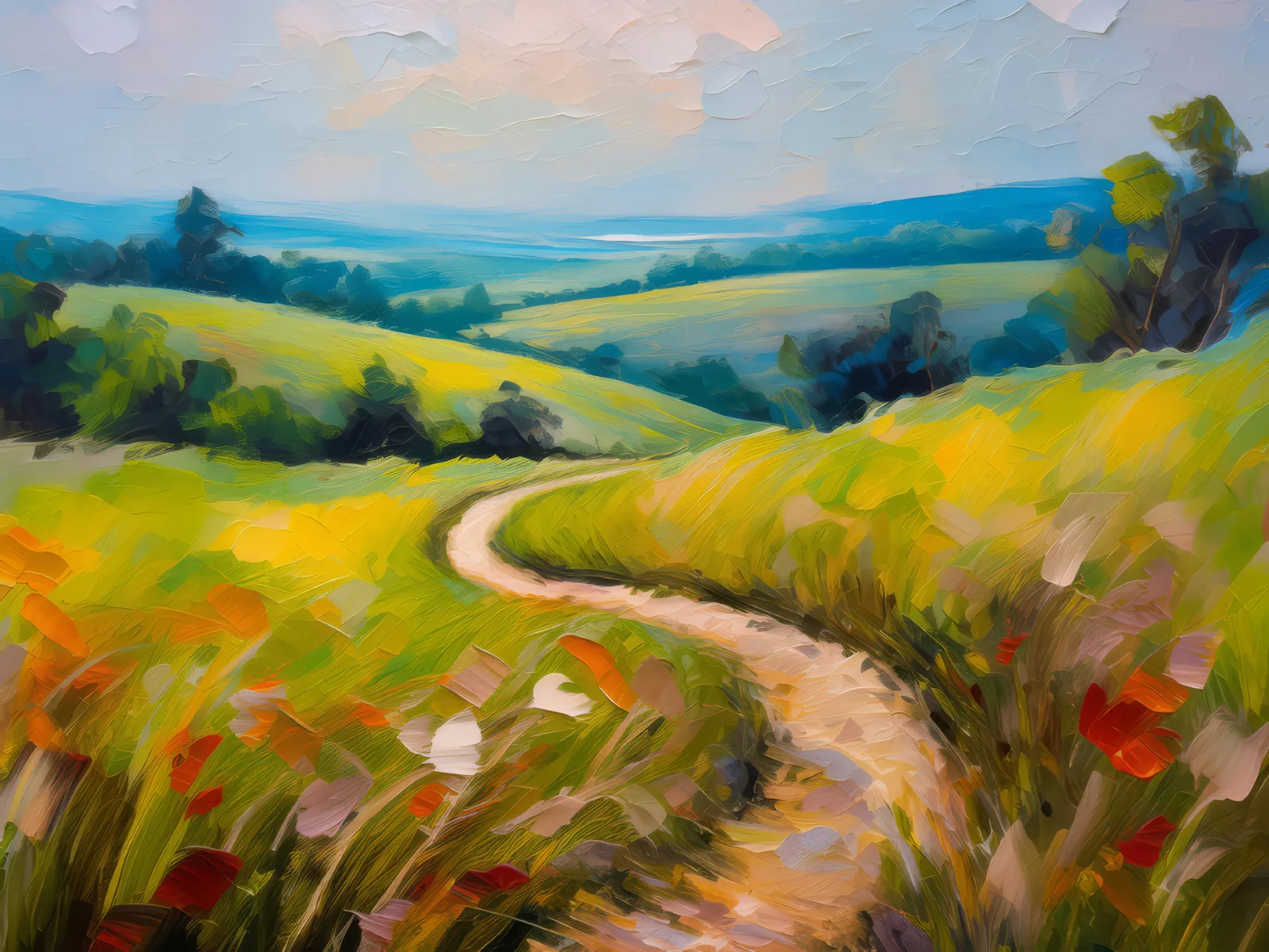 Winding Path through Grassland, a palette-knife oil landscape by Emma Mickelberg