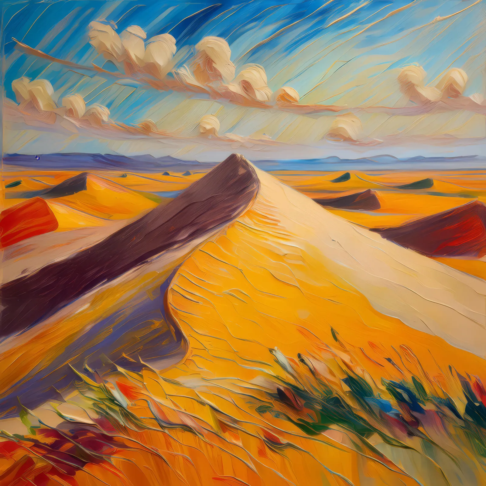Windy Desert Dunes, a palette-knife oil landscape by Emma Mickelberg