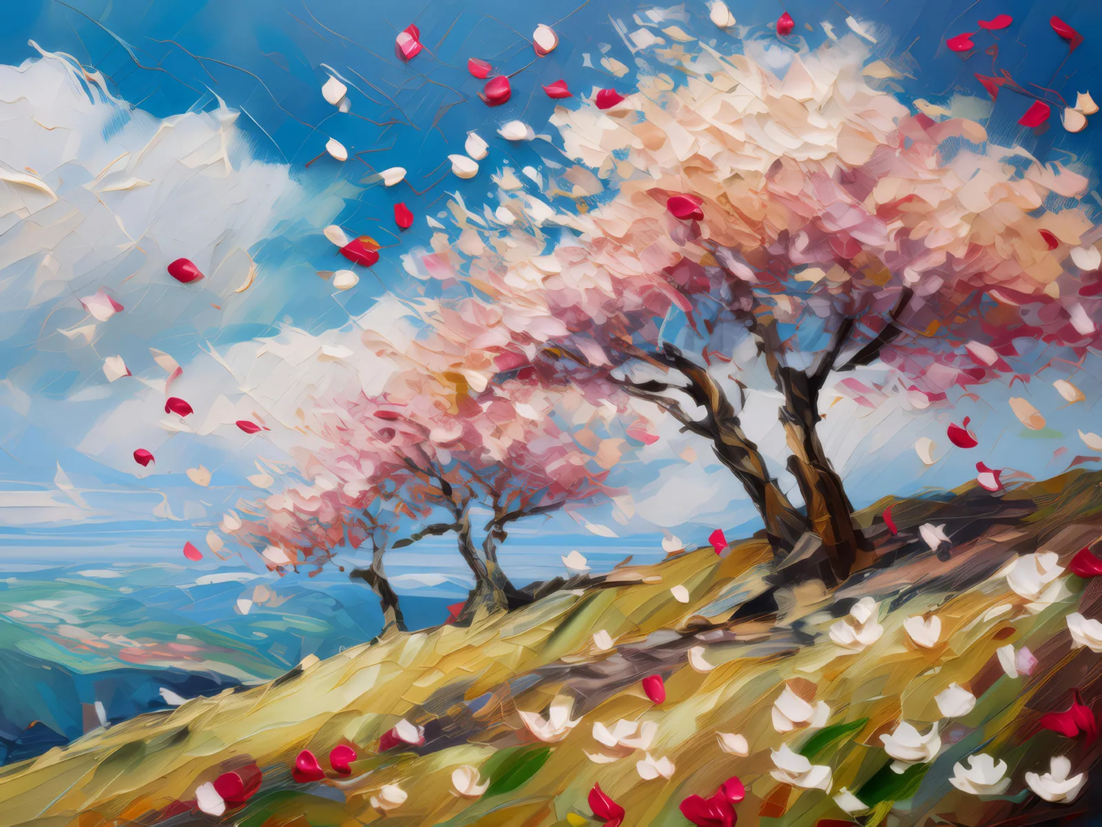 Windy Hill with Blooming Trees, a palette-knife oil landscape by Emma Mickelberg