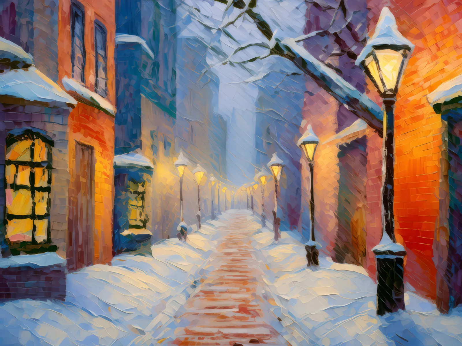 Winter Alley in Snow, a palette-knife oil landscape by Emma Mickelberg