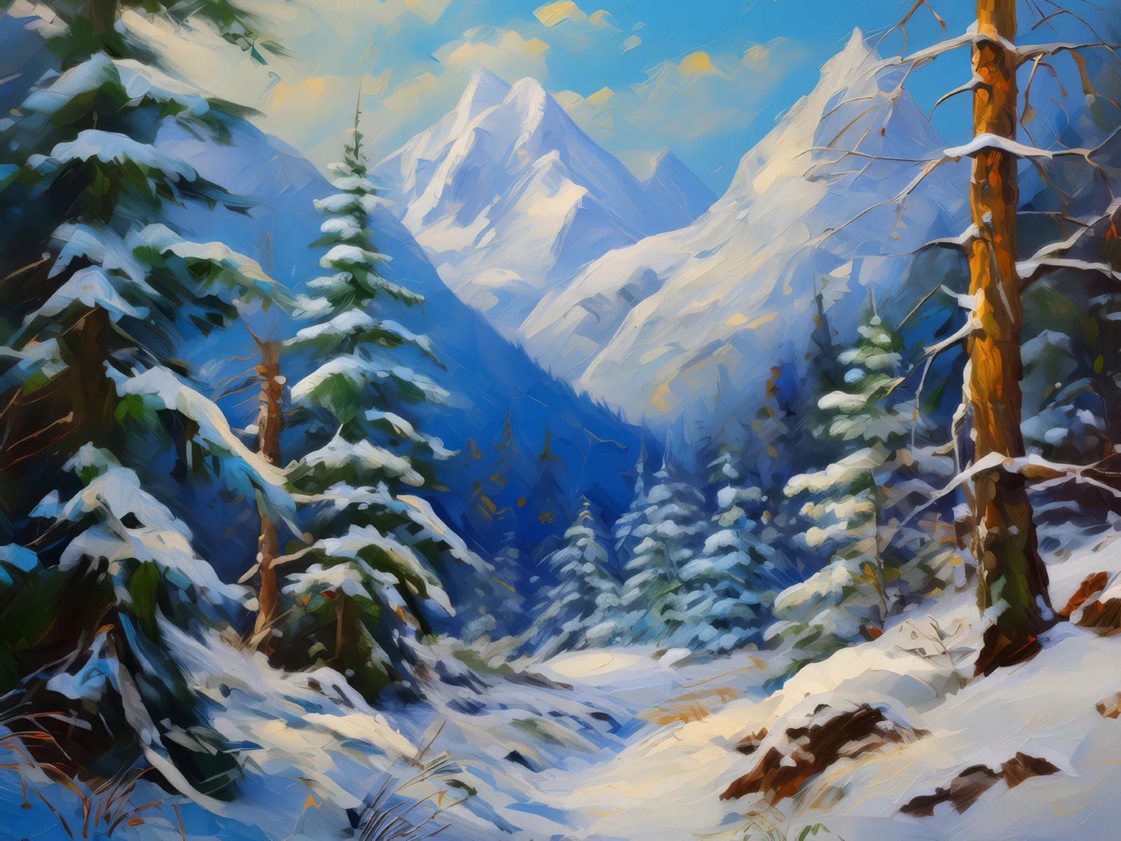 Winter Alpine Silence, a palette-knife oil landscape by Emma Mickelberg