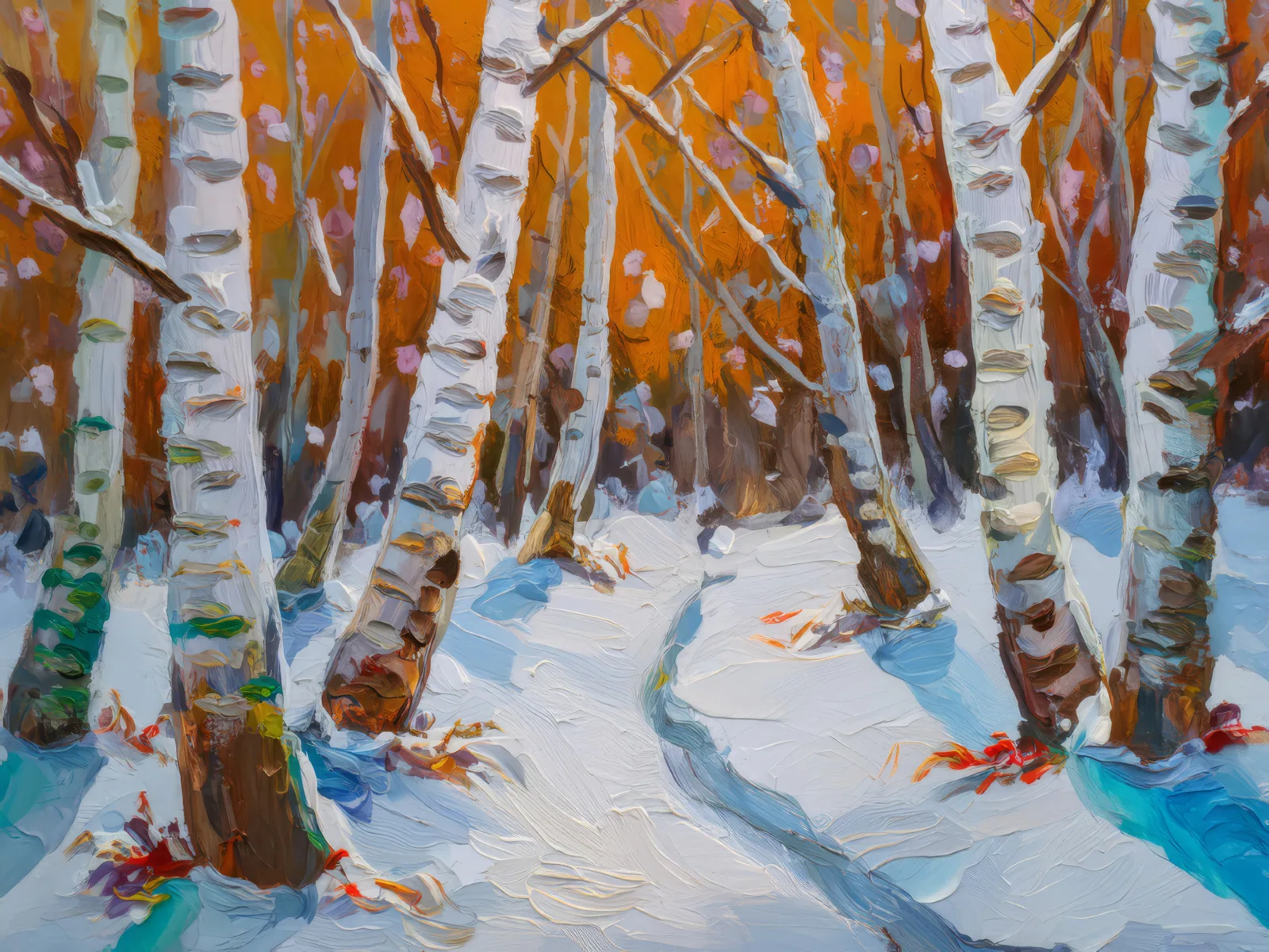 Winter Birch Forest, a palette-knife oil landscape by Emma Mickelberg