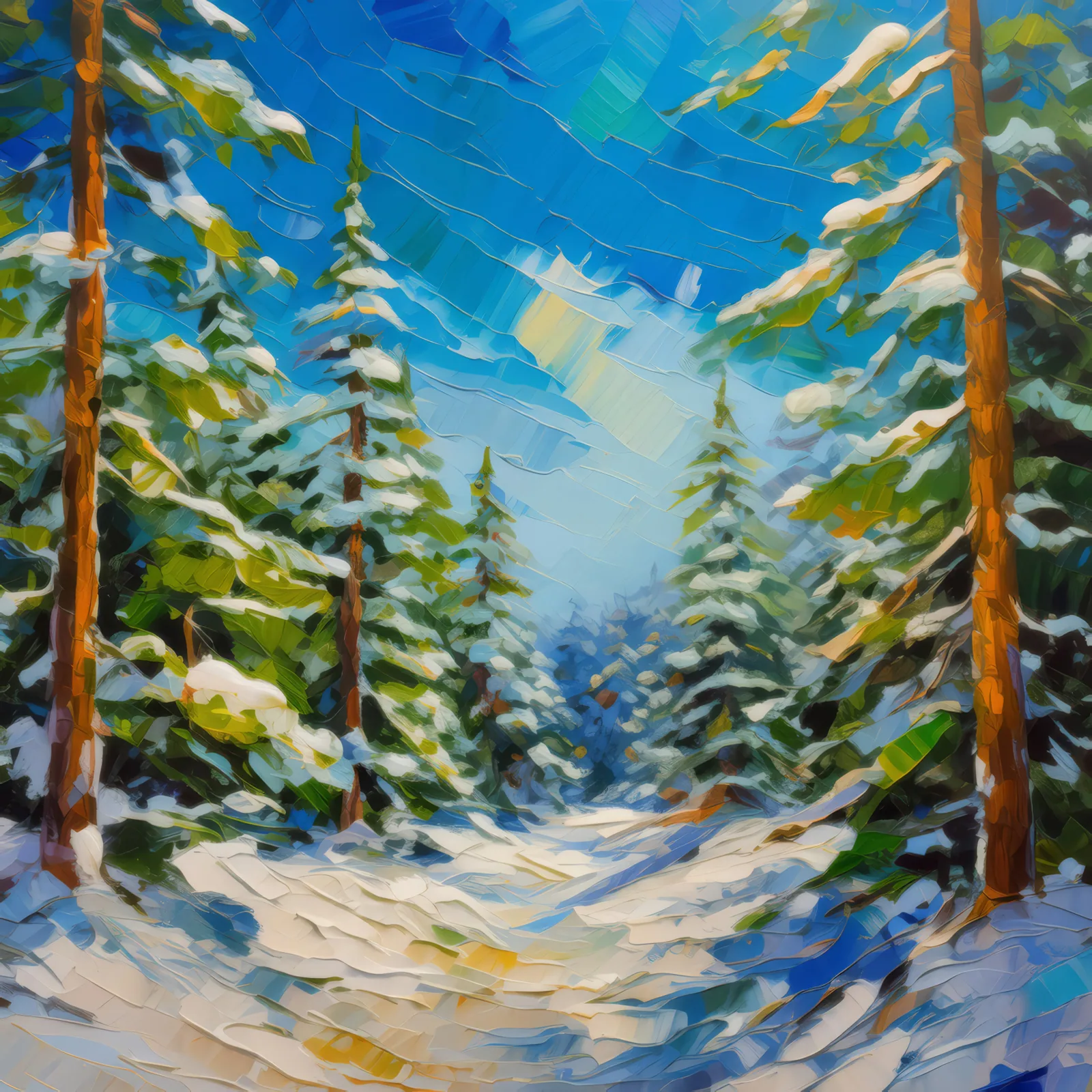 Winter Boreal Forest Scene, a palette-knife oil landscape by Emma Mickelberg