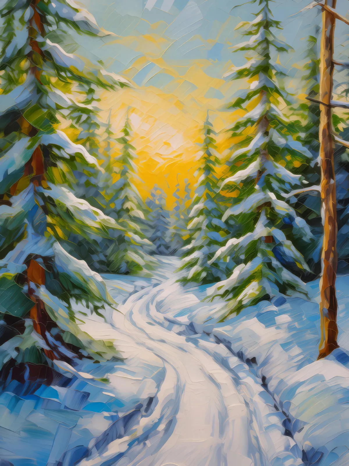 Winter Boreal Forest Trail, a palette-knife oil landscape by Emma Mickelberg