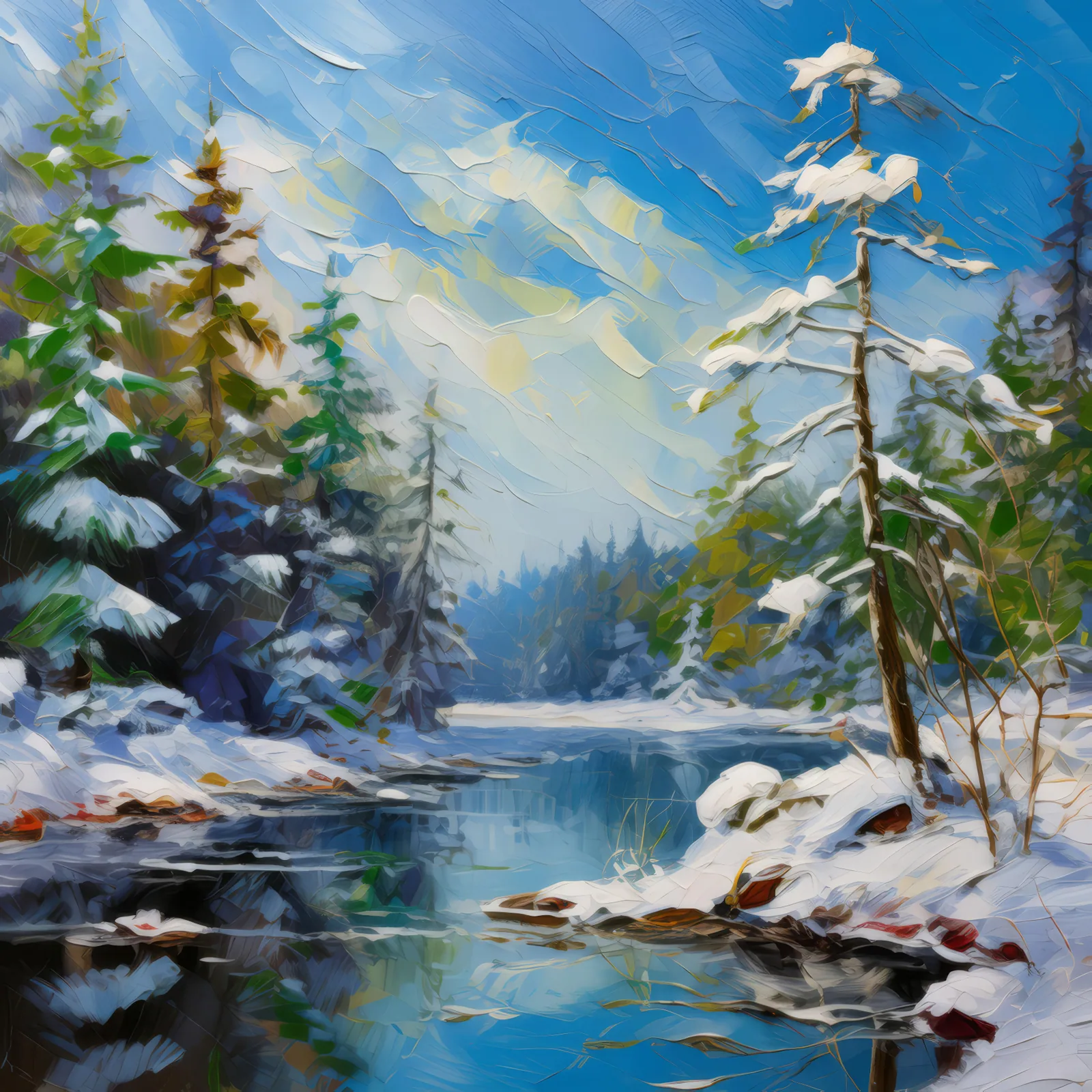 Winter Boreal Lake, a palette-knife oil landscape by Emma Mickelberg