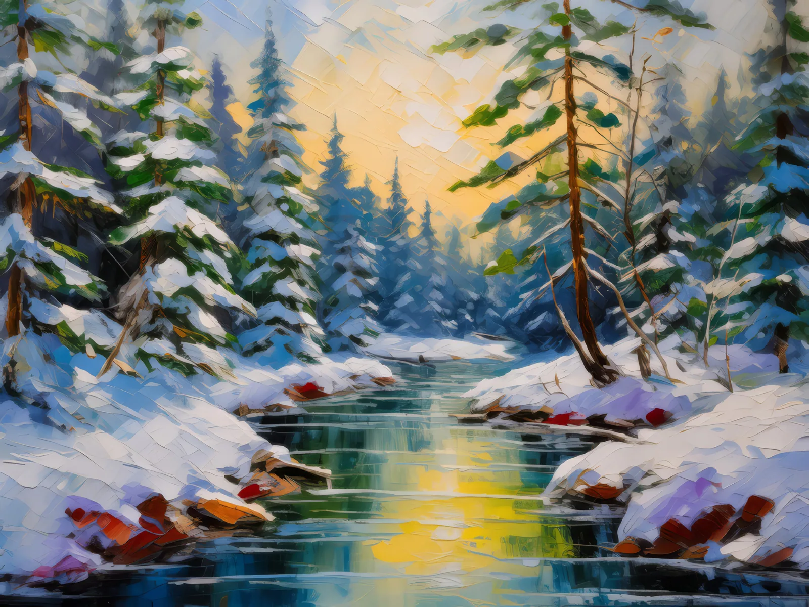 Winter Boreal River Crossing, a palette-knife oil landscape by Emma Mickelberg