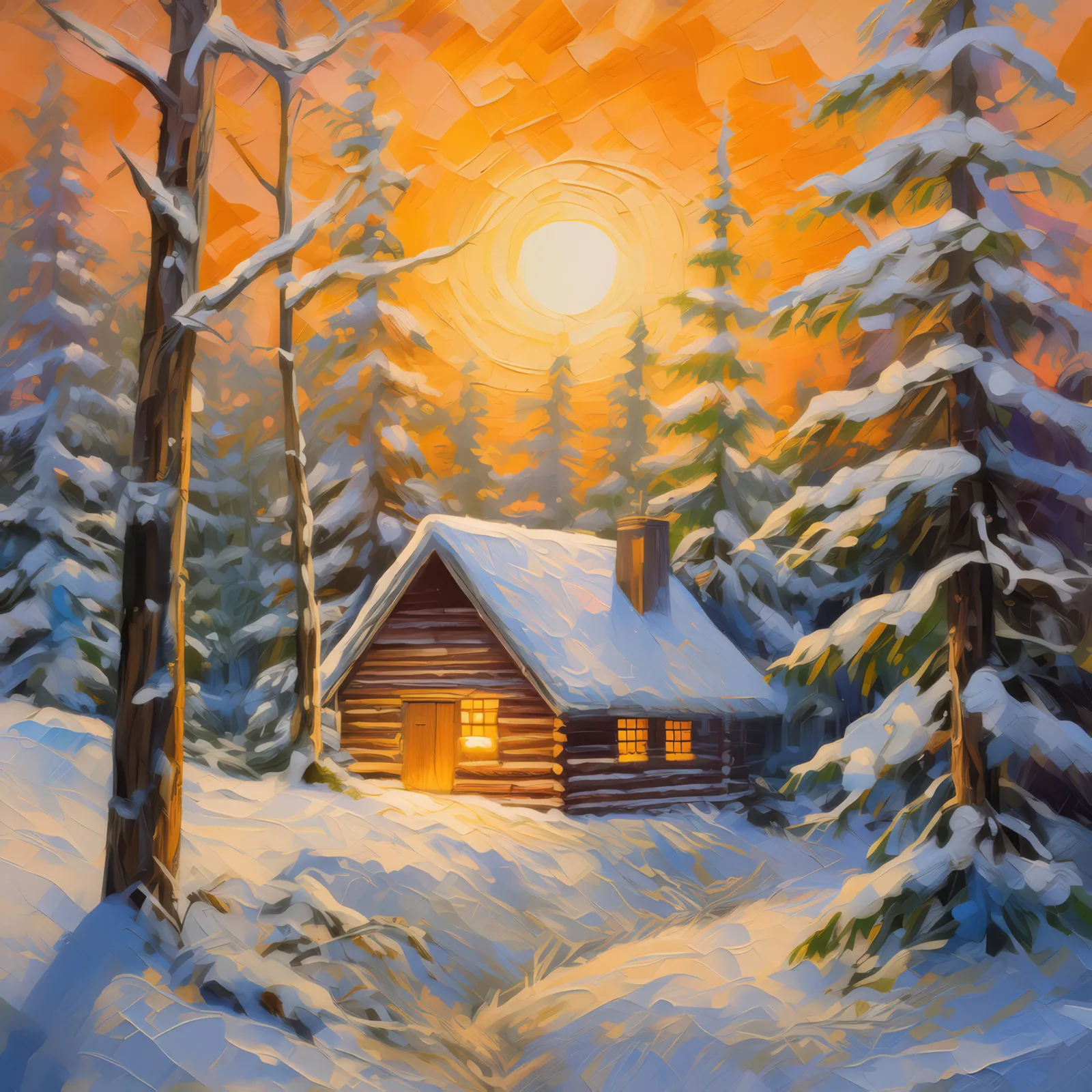 Winter Cabin in Boreal Forest, a palette-knife oil landscape by Emma Mickelberg