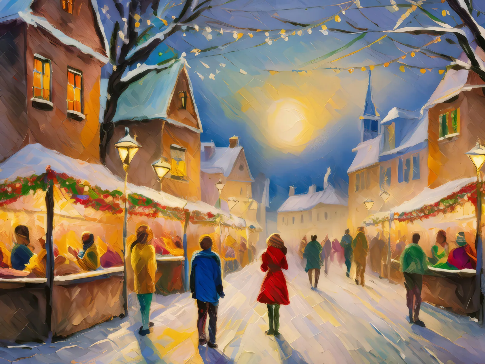 Winter Festival on Main Street, a palette-knife oil landscape by Emma Mickelberg