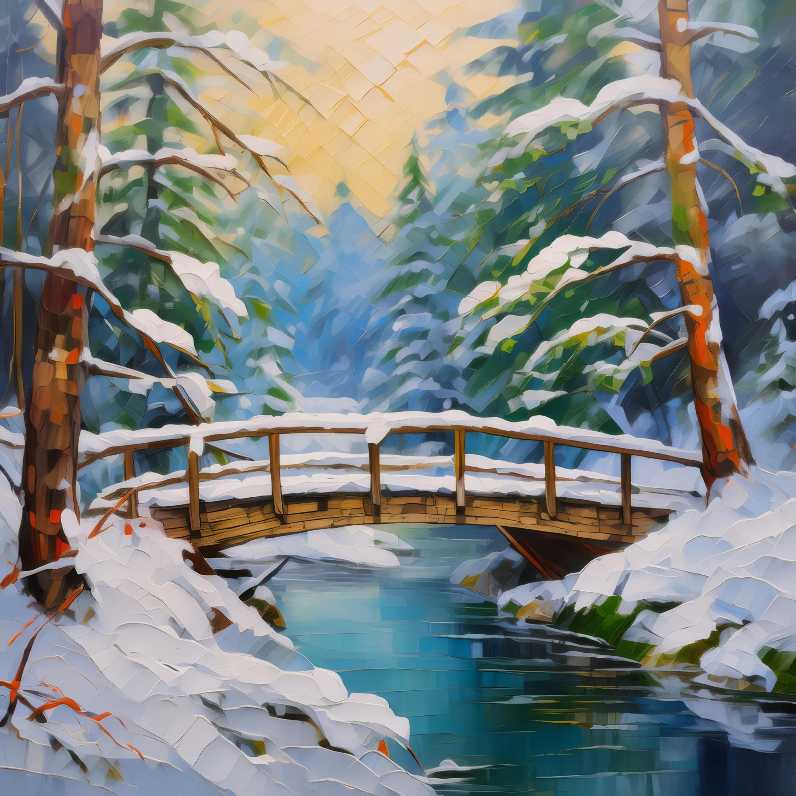 Winter Forest Bridge, a palette-knife oil landscape by Emma Mickelberg