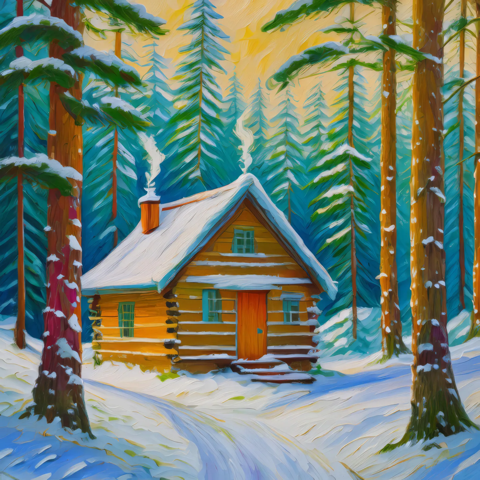 Winter Forest Cabin, a palette-knife oil landscape by Emma Mickelberg