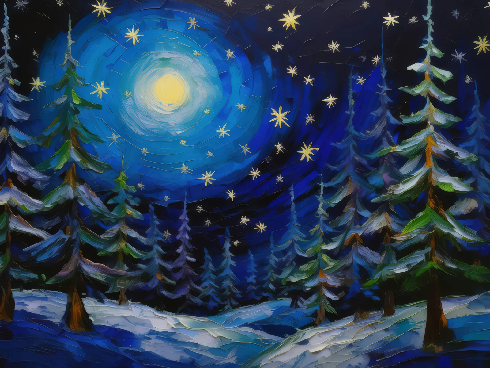 Winter Forest Night, a palette-knife oil landscape by Emma Mickelberg