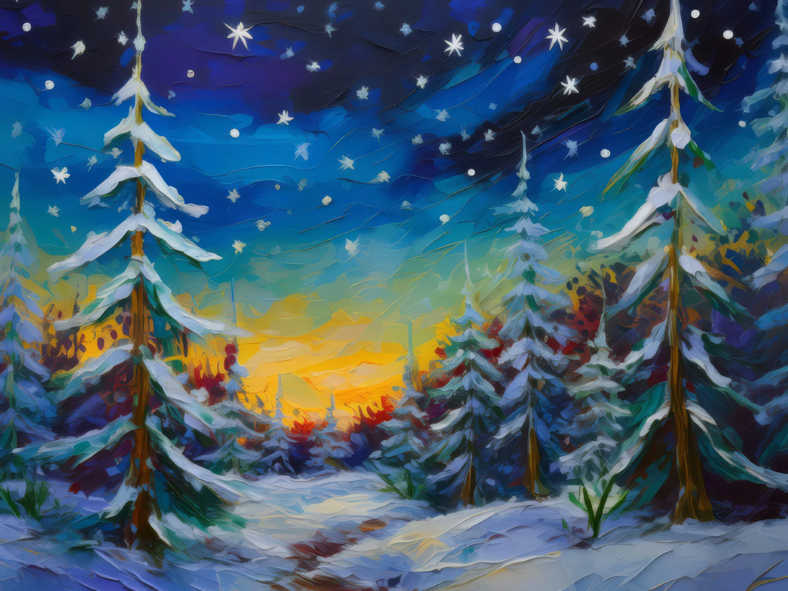 Winter Forest Nightfall, a palette-knife oil landscape by Emma Mickelberg