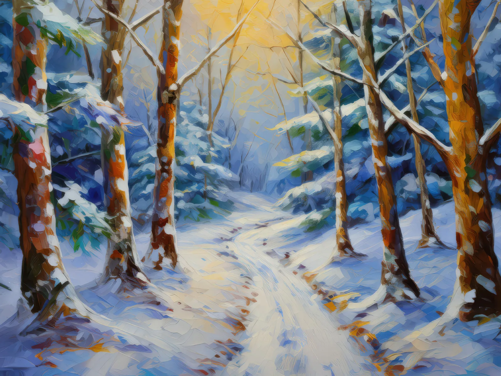 Winter Forest Path, a palette-knife oil landscape by Emma Mickelberg