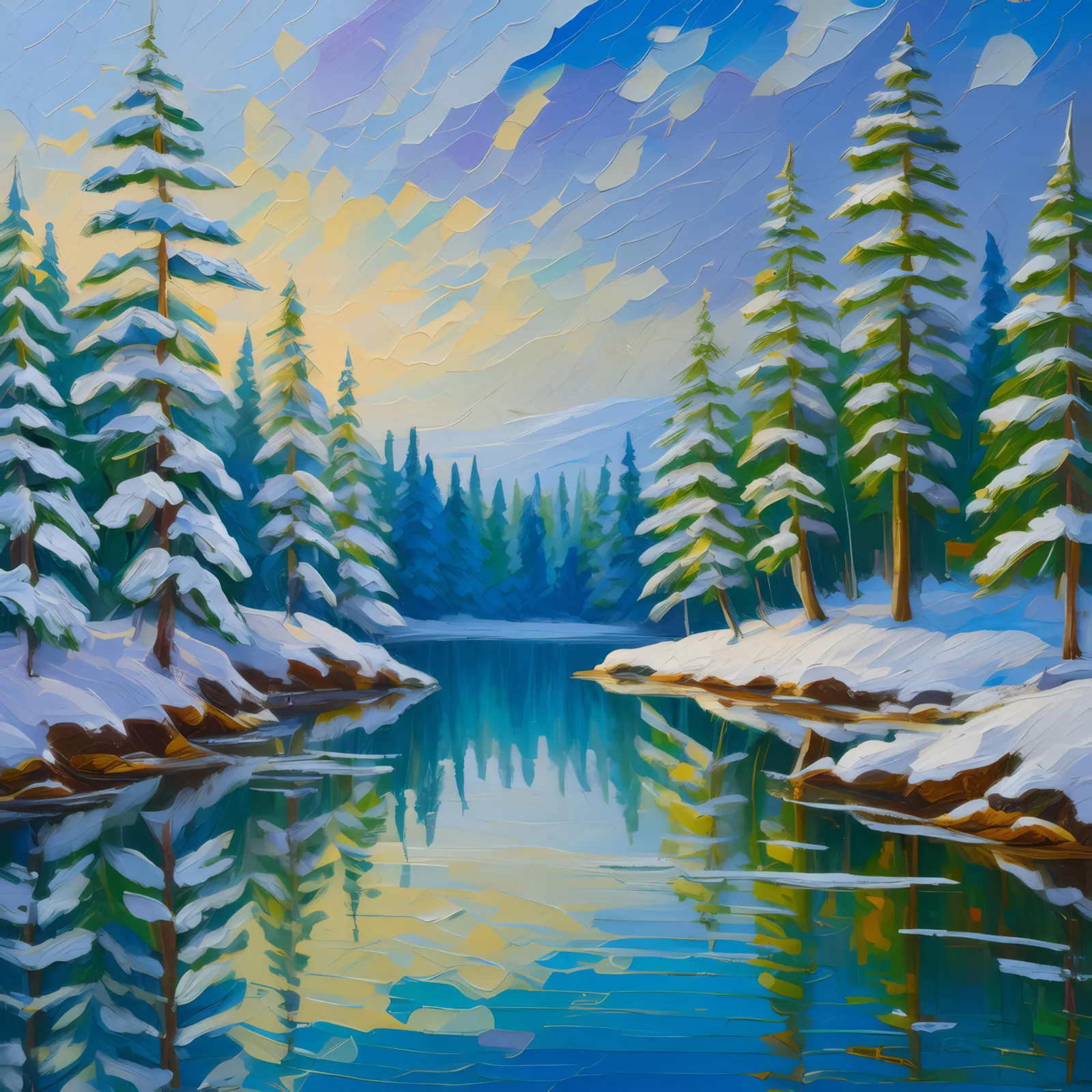 Winter Forest Reflection, a palette-knife oil landscape by Emma Mickelberg