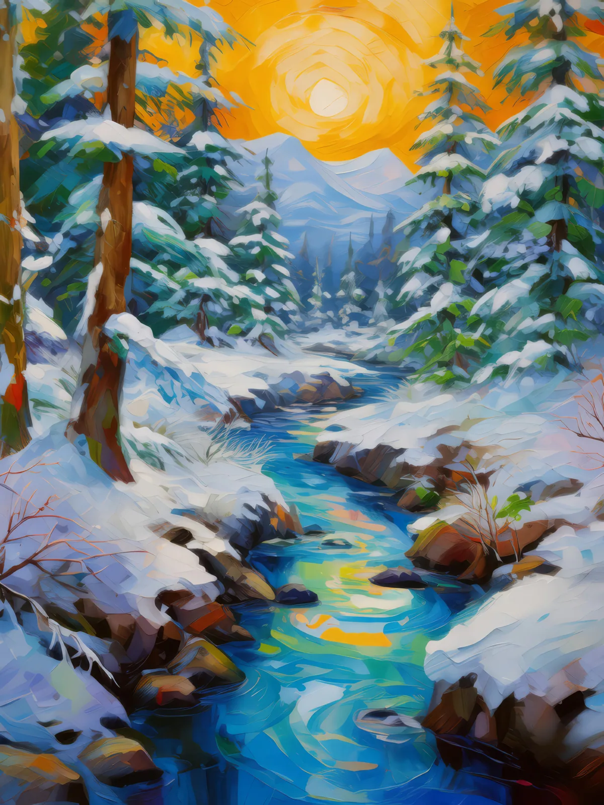 Winter Forest Stream, a palette-knife oil landscape by Emma Mickelberg