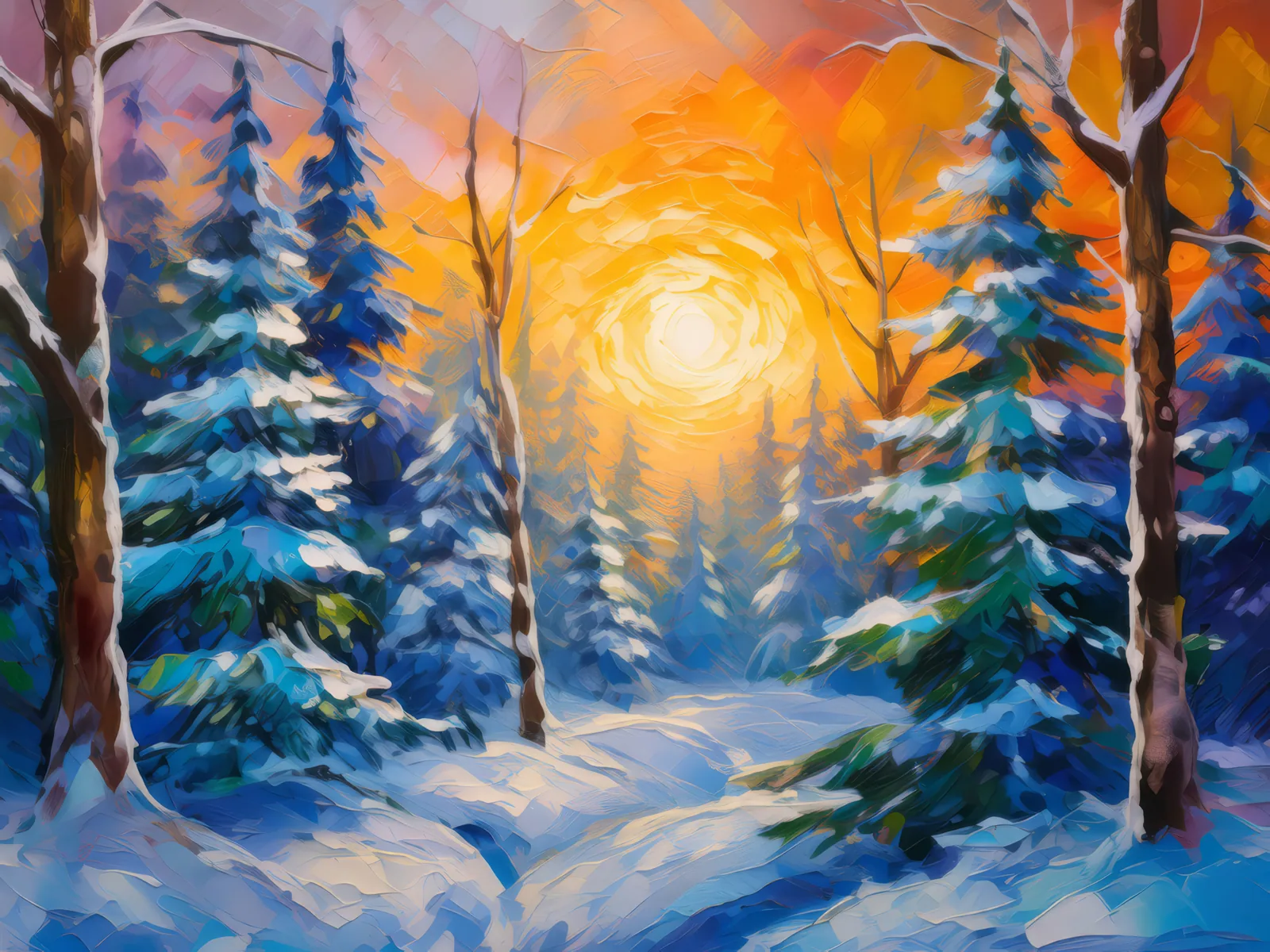 Winter Forest Sunrise, a palette-knife oil landscape by Emma Mickelberg