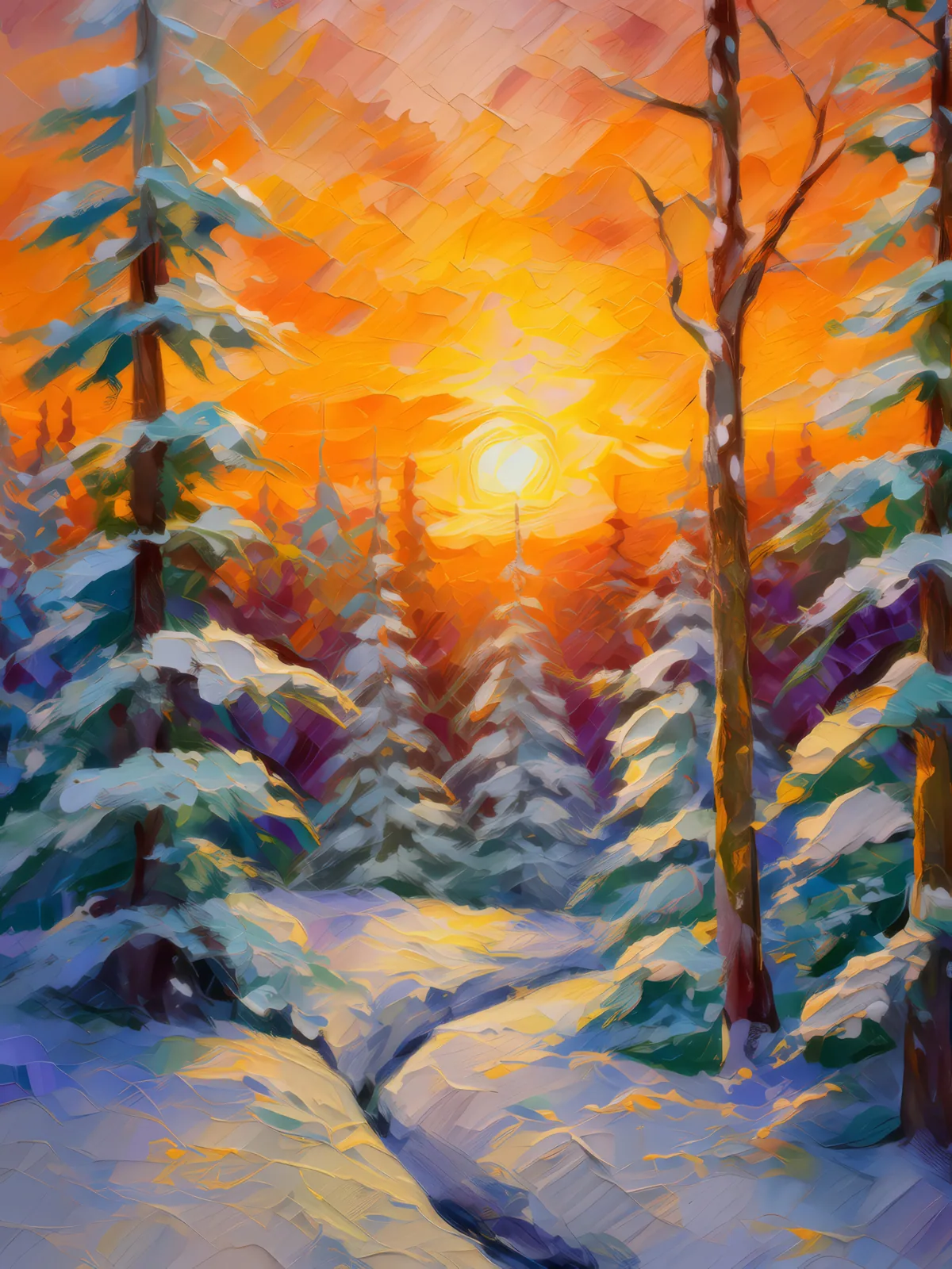 Winter Forest Sunset, a palette-knife oil landscape by Emma Mickelberg