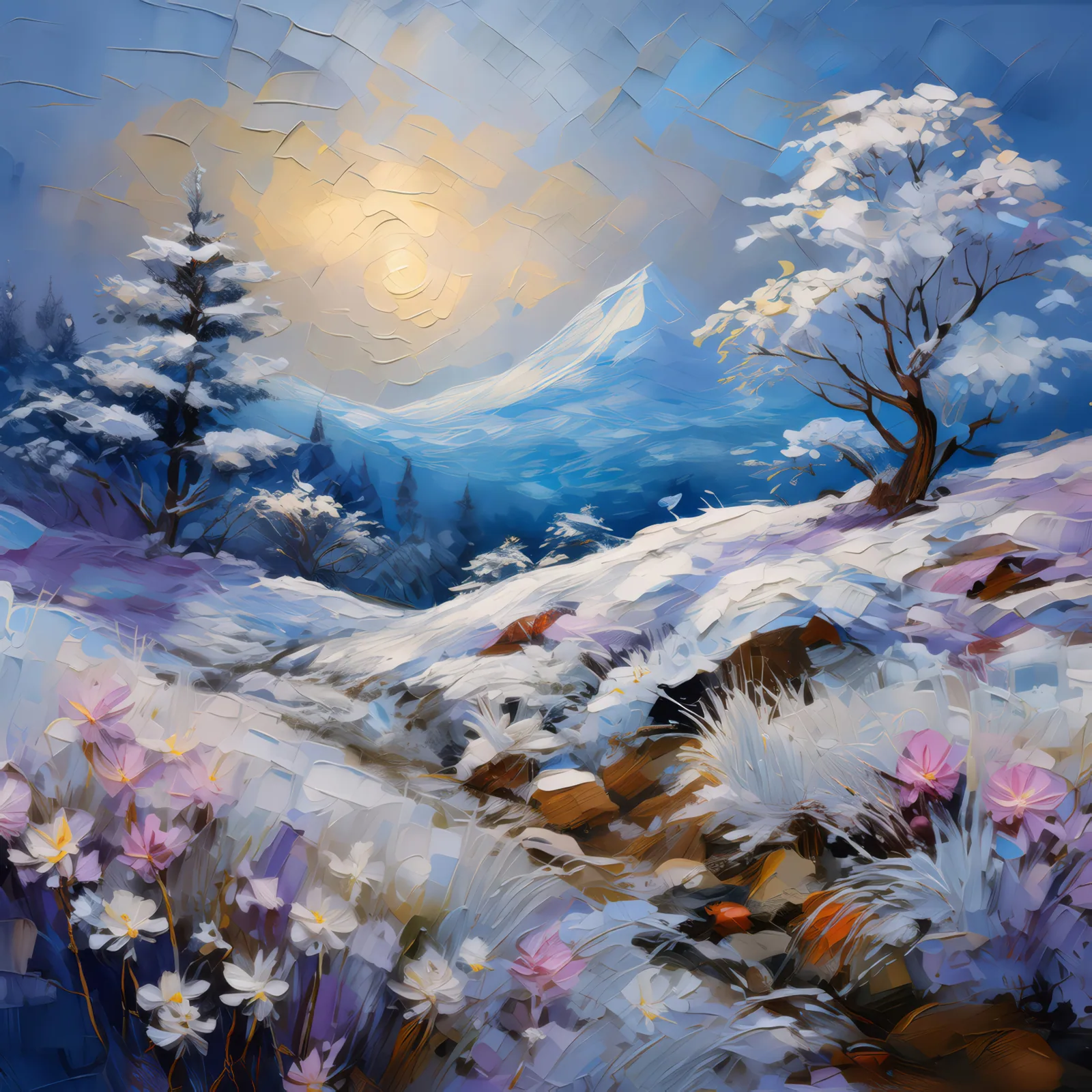 Winter Frost on Knoll, a palette-knife oil landscape by Emma Mickelberg